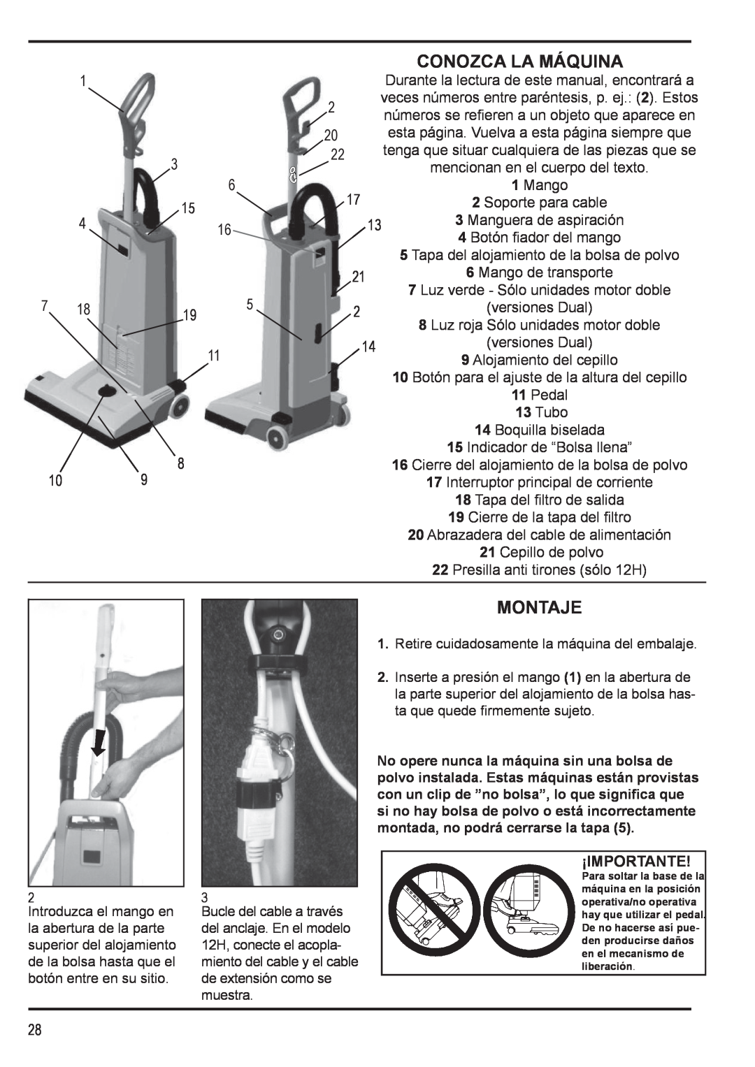 Nilfisk-Advance America 12H manual Conozca La Máquina, Montaje, ¡Importante 