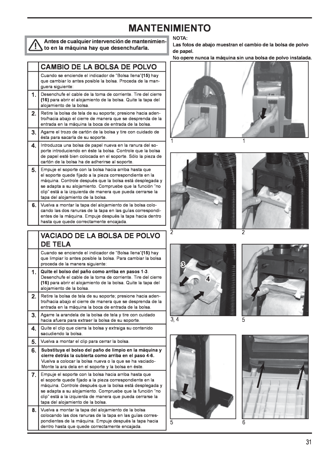 Nilfisk-Advance America 12H manual Mantenimiento, Cambio De La Bolsa De Polvo, Vaciado De La Bolsa De Polvo De Tela 