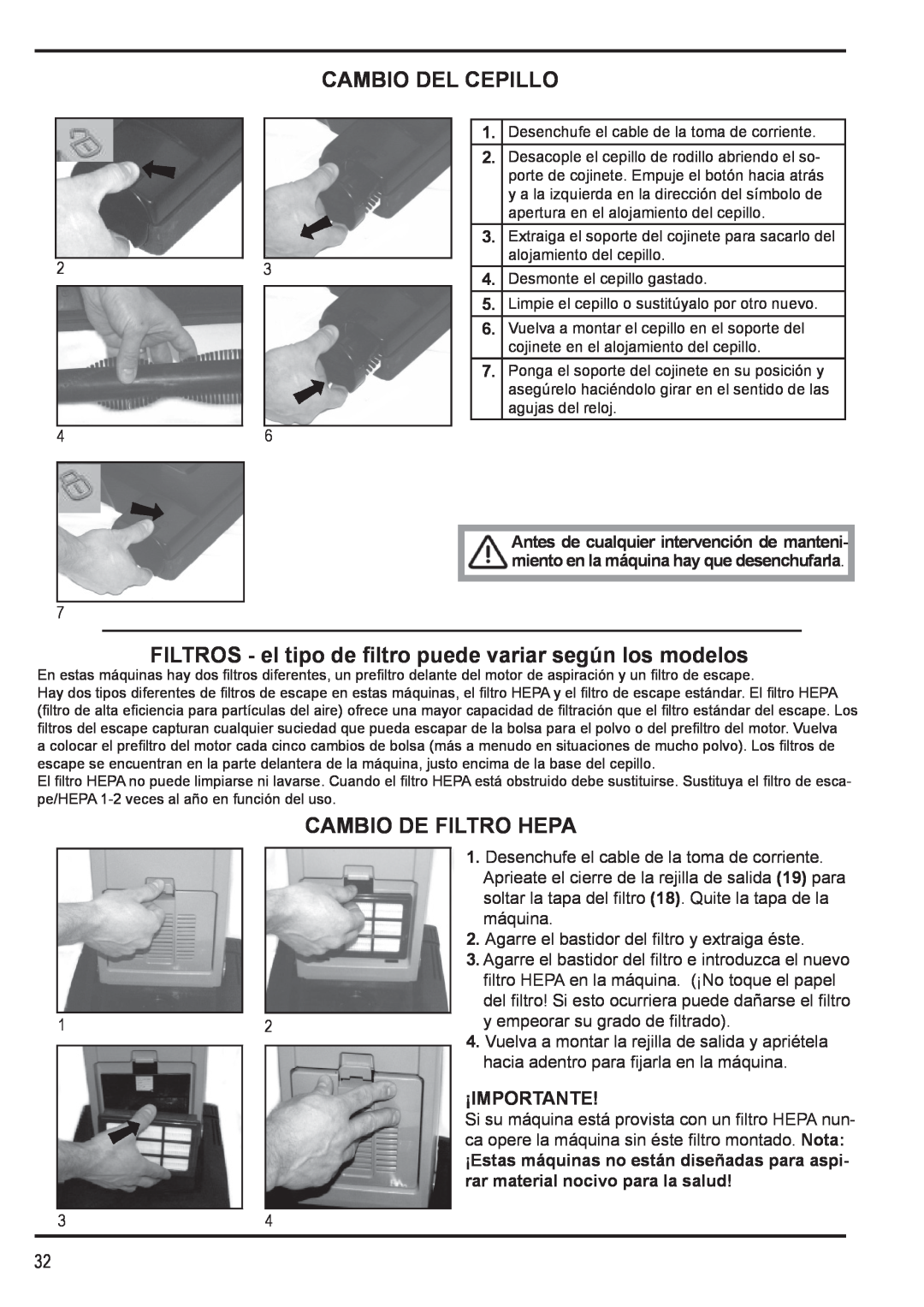 Nilfisk-Advance America 12H manual Cambio Del Cepillo, Cambio De Filtro Hepa, ¡Importante 
