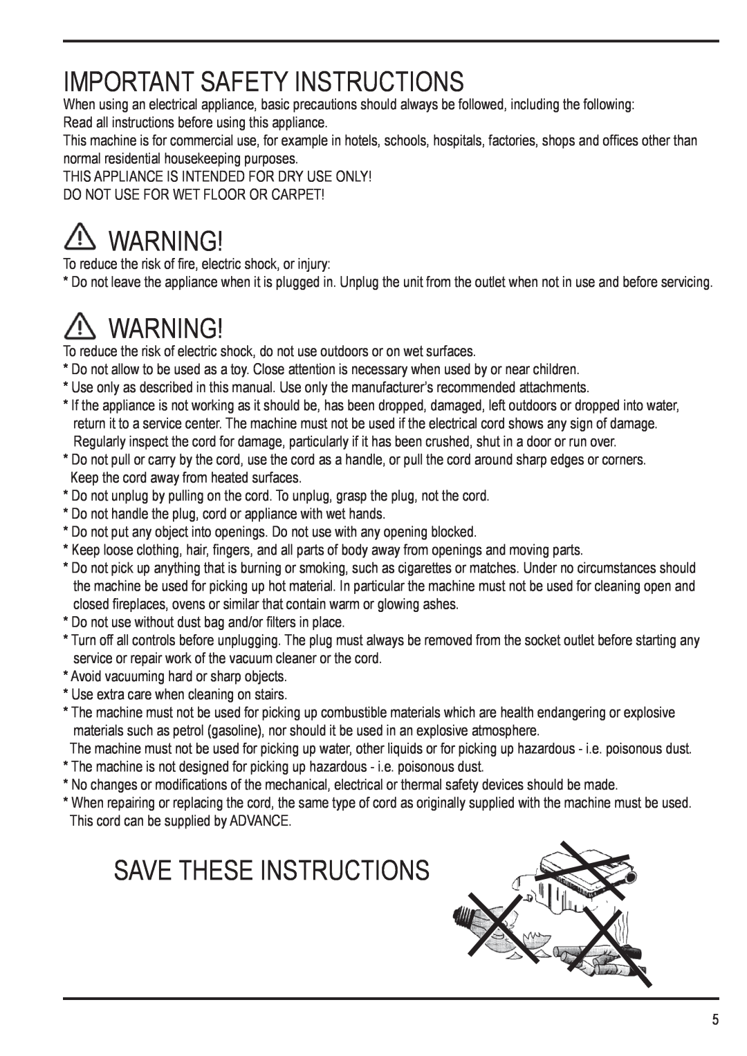 Nilfisk-Advance America 12H manual Important Safety Instructions, Save These Instructions 