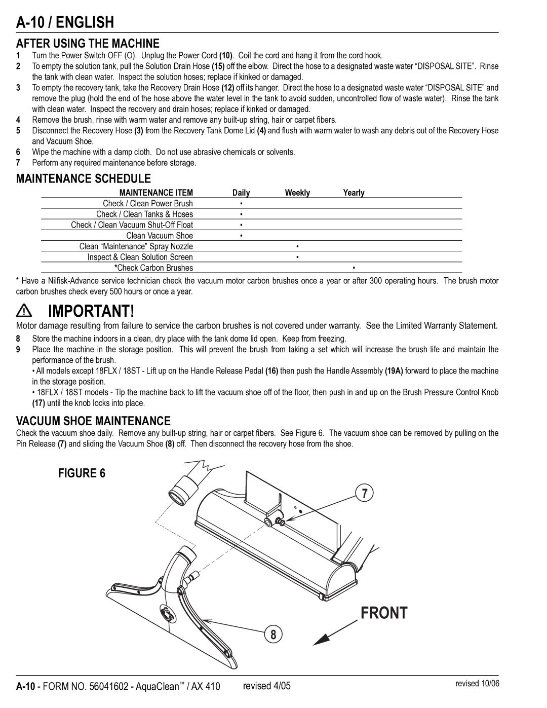 Nilfisk-Advance America 16XP, 16ST 10 / English, After Using the Machine, Maintenance Schedule, Vacuum Shoe Maintenance 