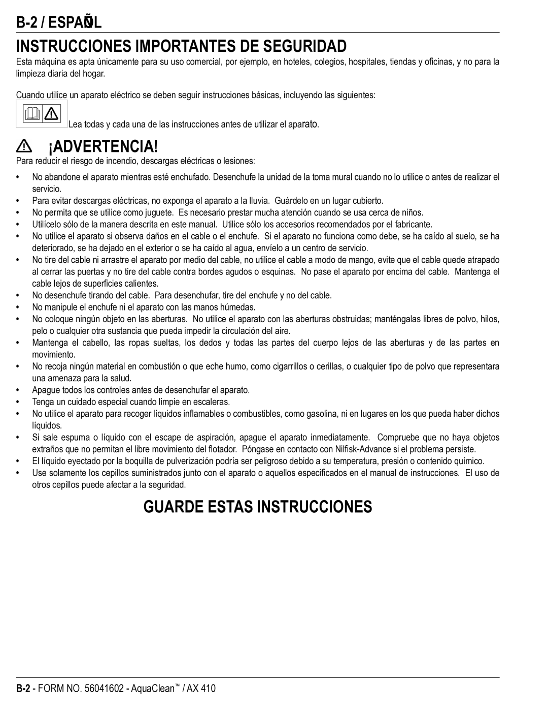 Nilfisk-Advance America 18ST Instrucciones Importantes DE Seguridad, ¡Advertencia, Guarde Estas Instrucciones, Español 