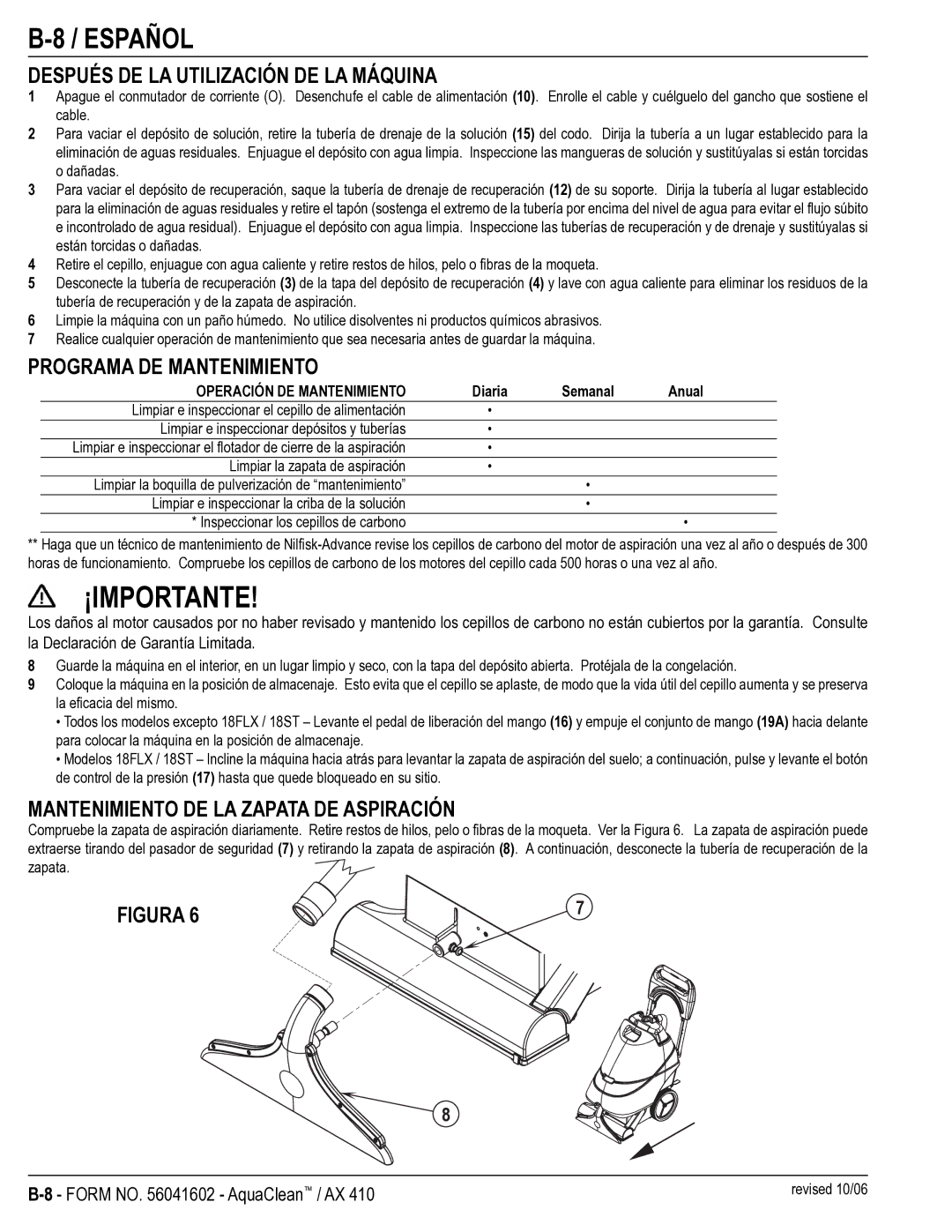 Nilfisk-Advance America AX 410, 16ST, 18FLX ¡Importante, Después DE LA Utilización DE LA Máquina, Programa DE Mantenimiento 