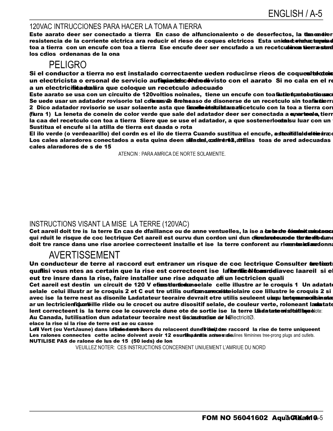 Nilfisk-Advance America 16XP, 16ST, 18FLX, 18ST ¡Peligro, English / A-5, 120VAC Intrucciones Para Hacer LA Toma a Tierra 