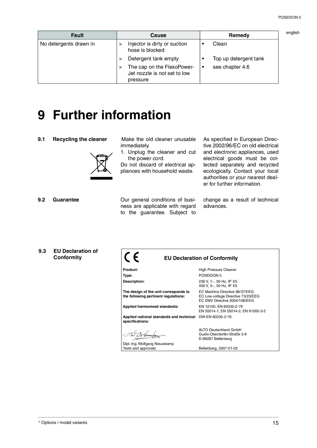 Nilfisk-Advance America 5 manual Further information, Recycling the cleaner, Guarantee EU Declaration of Conformity 