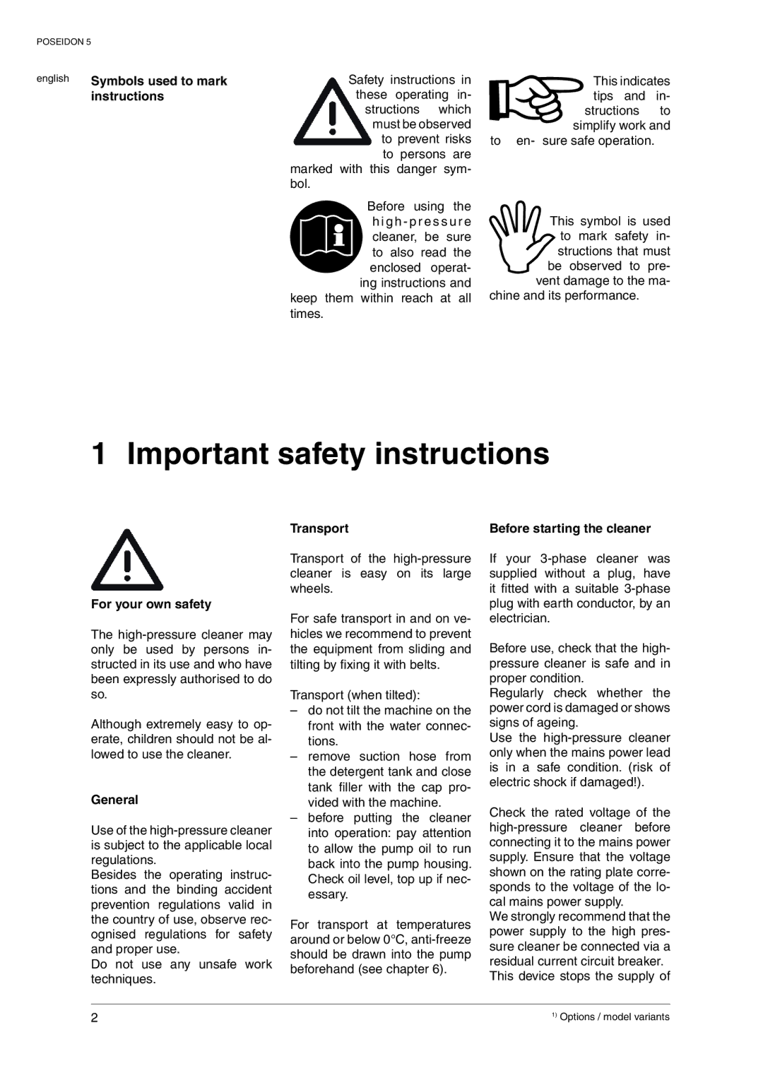 Nilfisk-Advance America 5 Important safety instructions, English Symbols used to mark instructions, Transport, General 