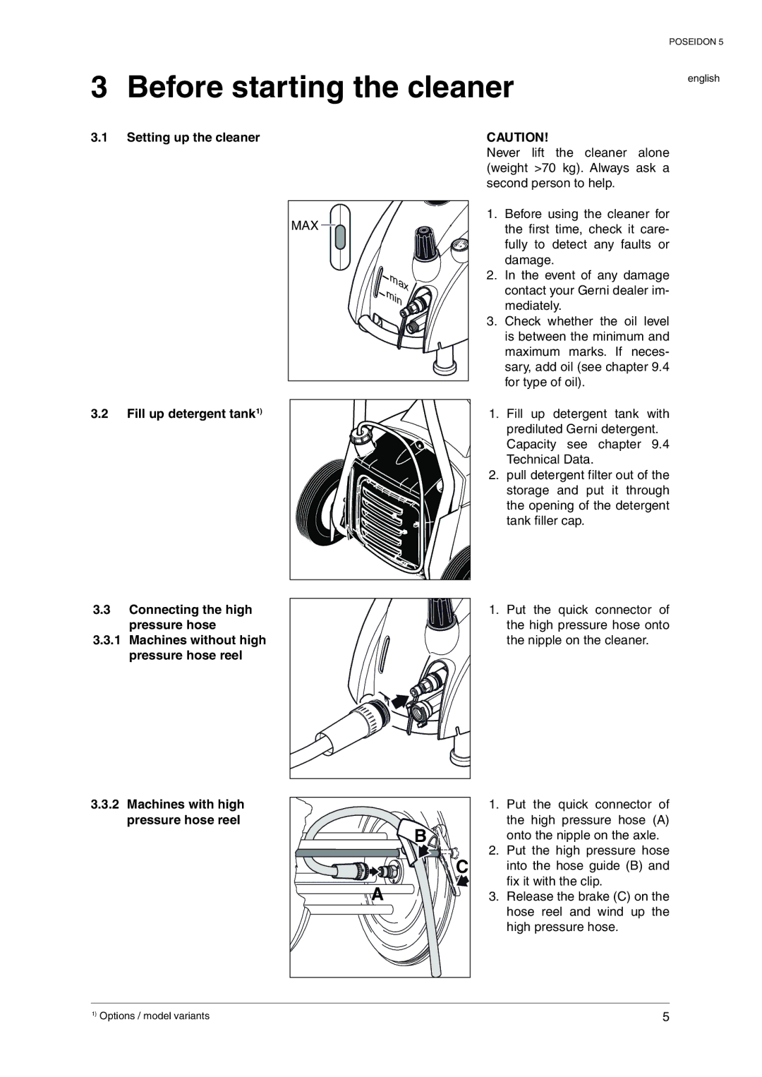 Nilfisk-Advance America 5 manual Before starting the cleaner, Setting up the cleaner, Fill up detergent tank1 