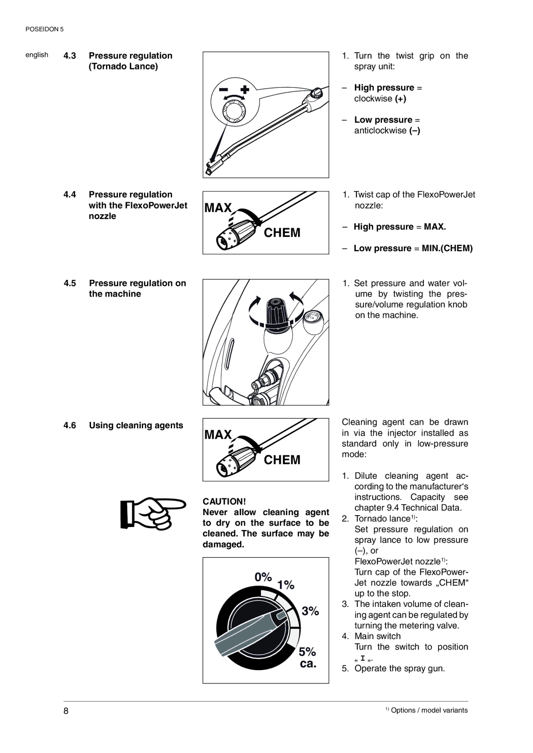 Nilfisk-Advance America 5 Pressure regulation, Tornado Lance, High pressure = clockwise + Low pressure = anticlockwise 