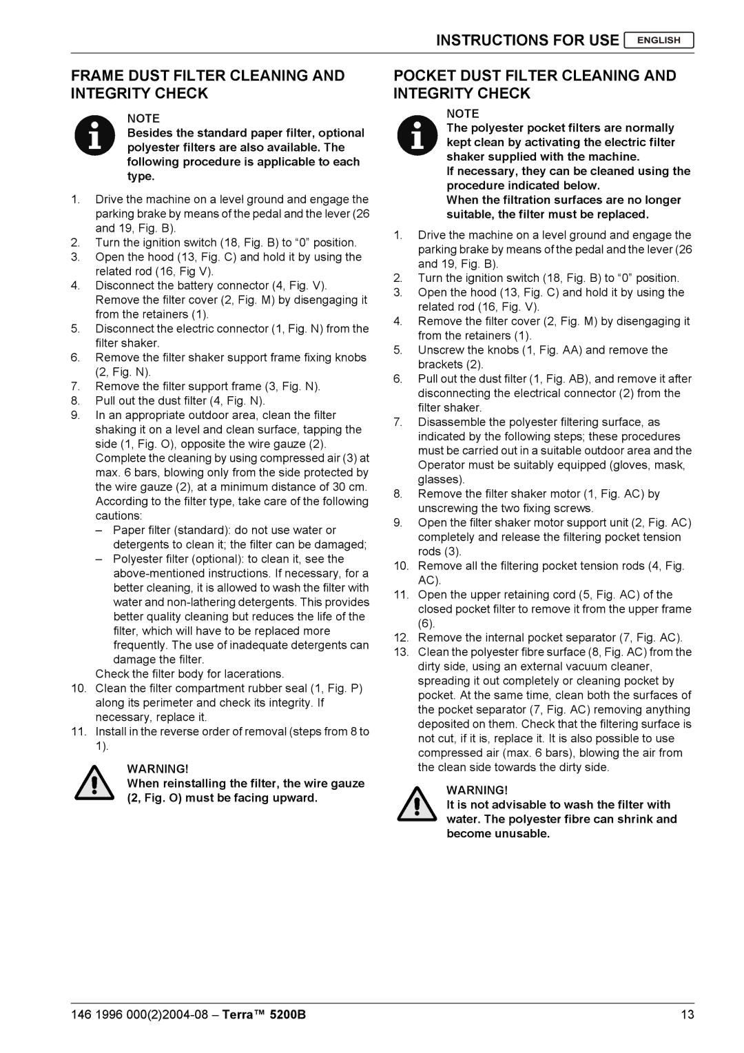 Nilfisk-Advance America 5200B manual Remove the internal pocket separator 7, Fig. AC 