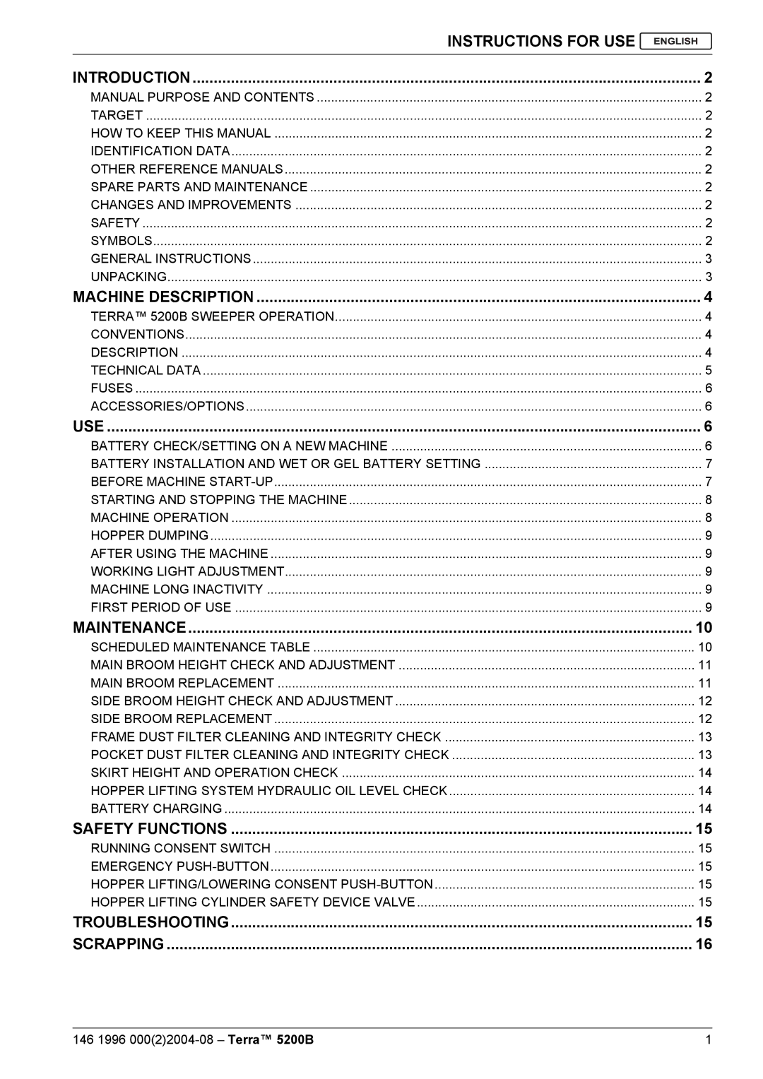 Nilfisk-Advance America 5200B Instructions for USE Introduction, Machine Description, Use, Maintenance, Safety Functions 