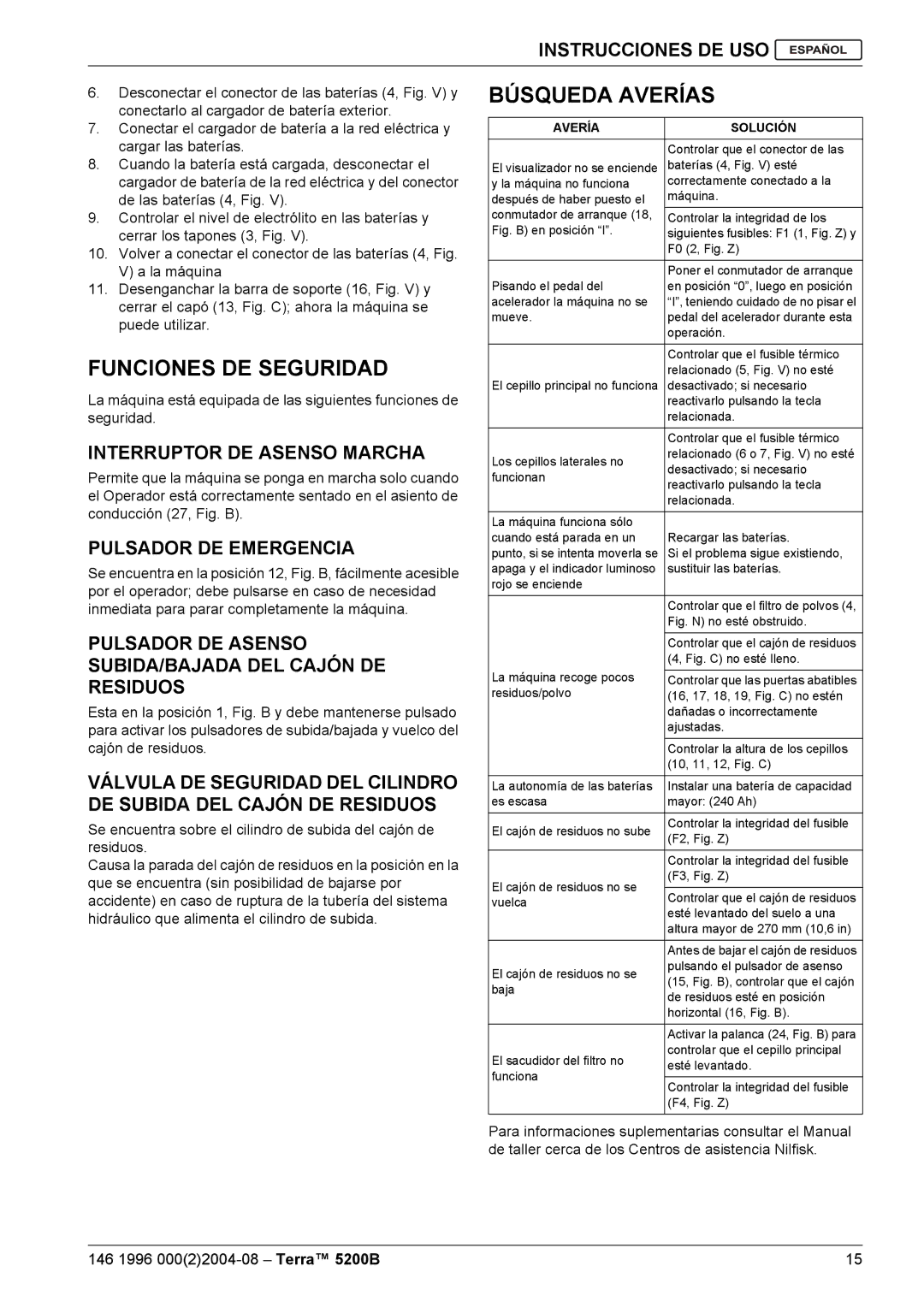 Nilfisk-Advance America 5200B manual Funciones DE Seguridad, Búsqueda Averías, Interruptor DE Asenso Marcha 