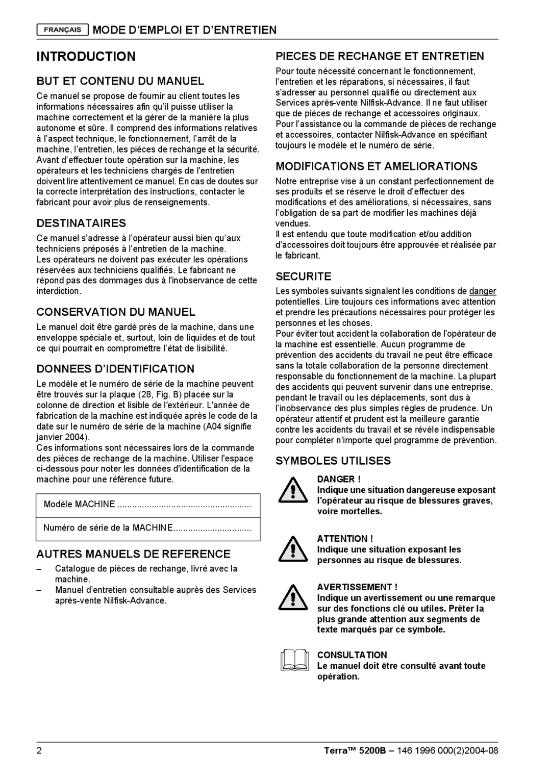 Nilfisk-Advance America 5200B manual Mode D’EMPLOI ET D’ENTRETIEN, But ET Contenu DU Manuel, Destinataires, Securite 