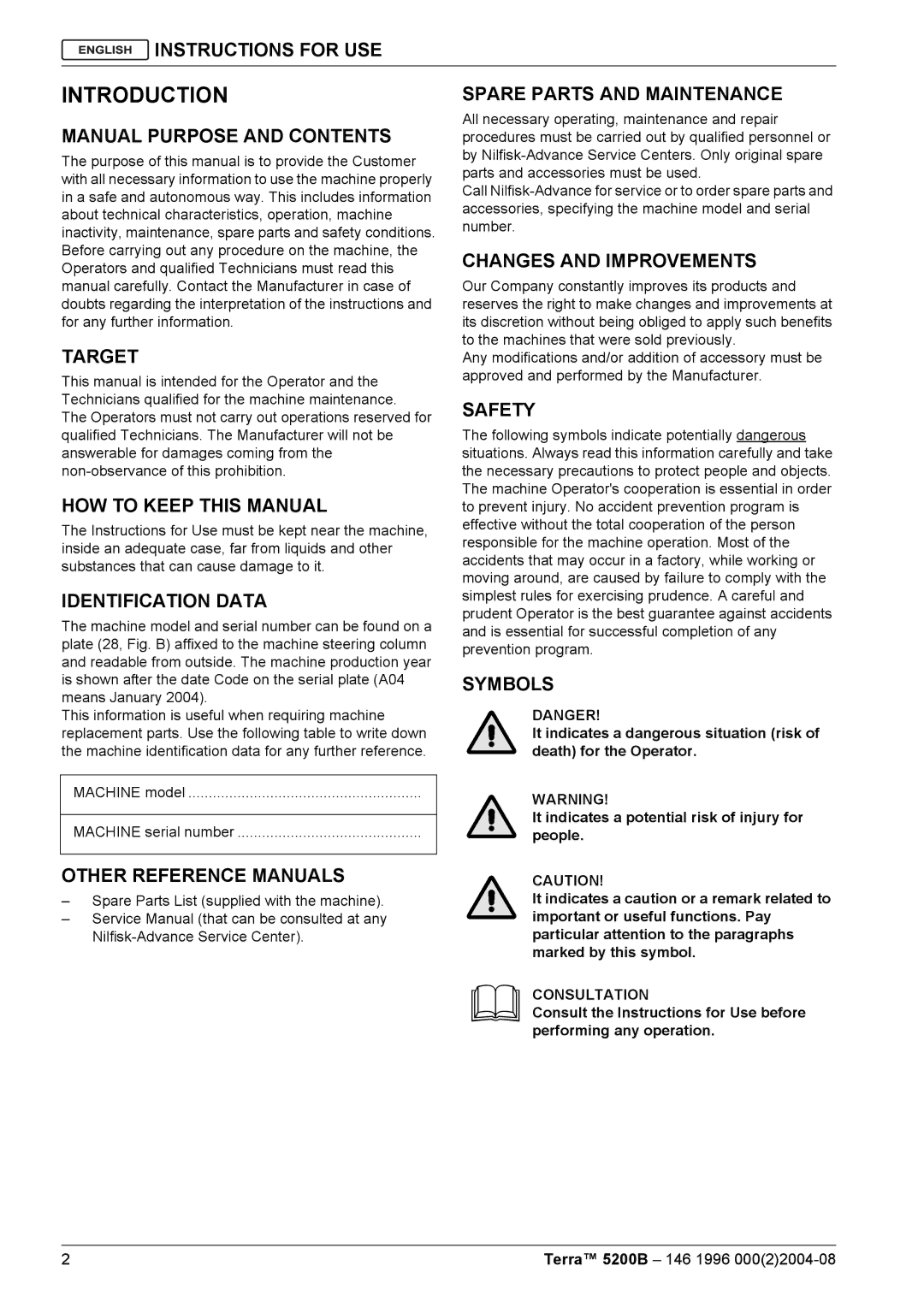 Nilfisk-Advance America 5200B manual Introduction 