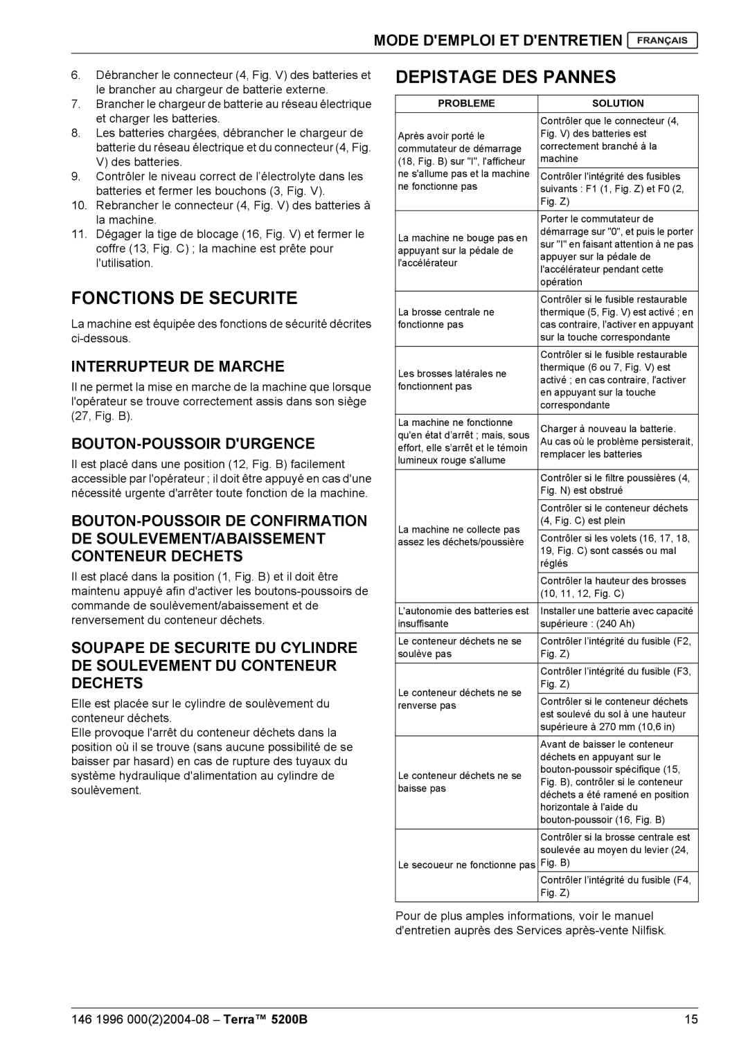 Nilfisk-Advance America 5200B manual Fonctions DE Securite, Depistage DES Pannes, Interrupteur DE Marche 