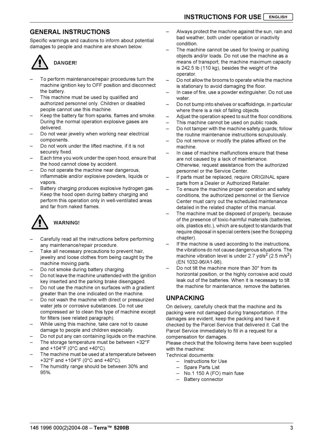 Nilfisk-Advance America 5200B manual Instructions for USE General Instructions, Unpacking 