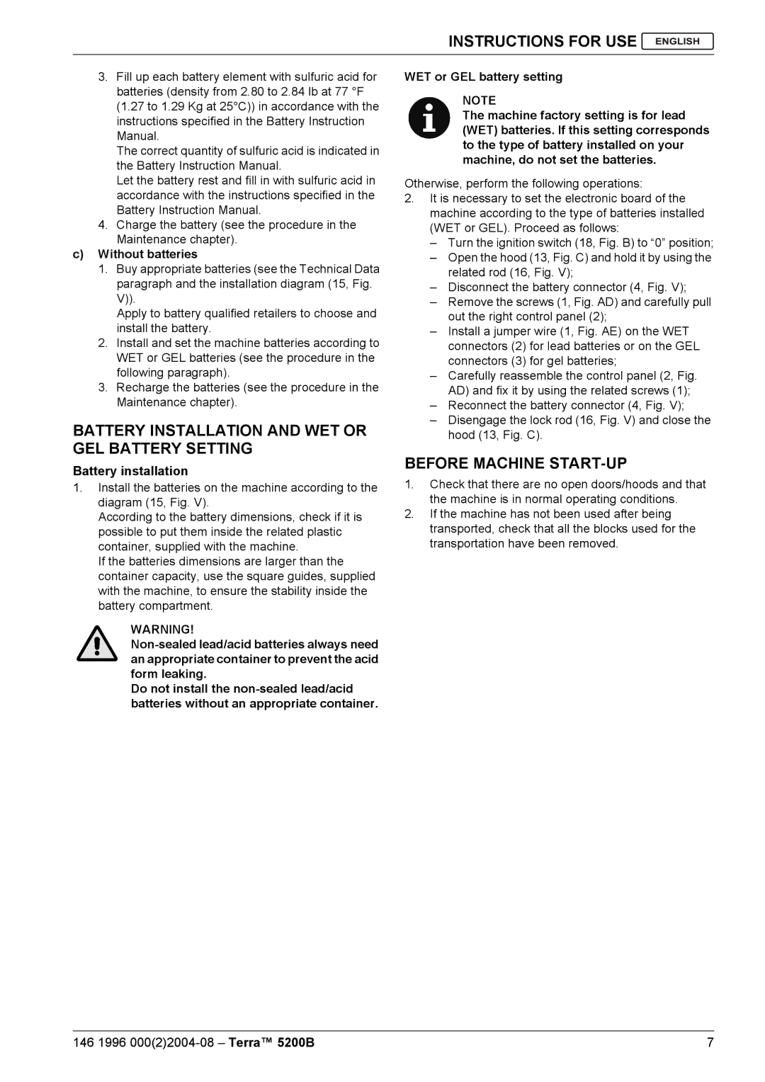 Nilfisk-Advance America 5200B manual Battery Installation and WET or GEL Battery Setting, Before Machine START-UP 