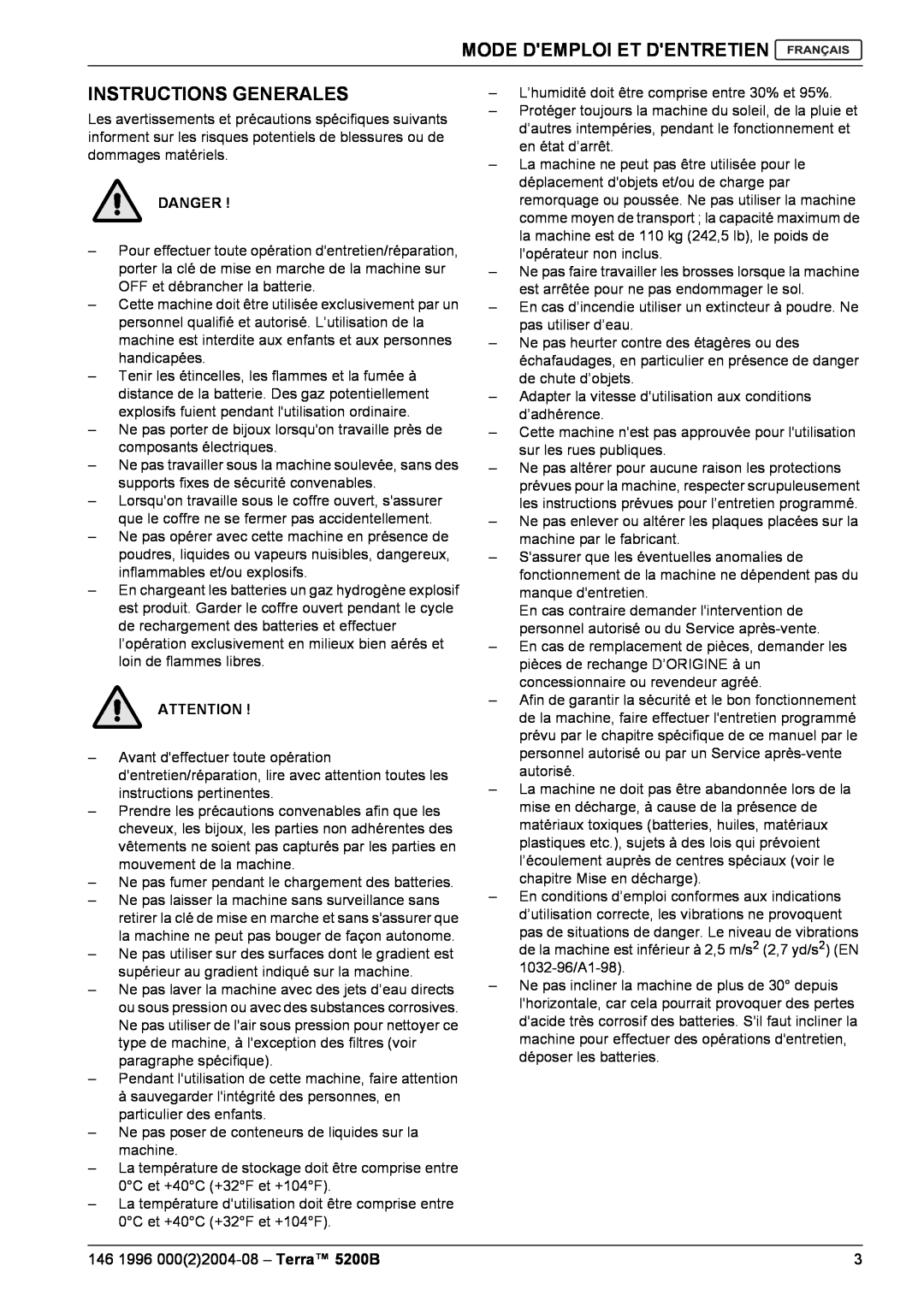 Nilfisk-Advance America 5200B manual Mode Demploi Et Dentretien, Instructions Generales, Danger 