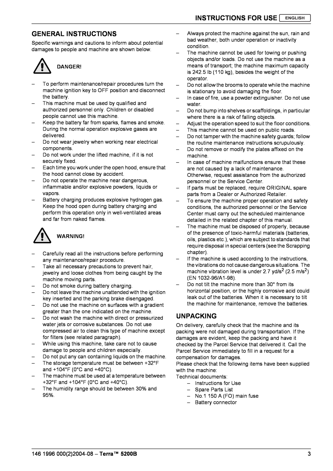 Nilfisk-Advance America 5200B manual General Instructions, Unpacking, Instructions For Use, Danger 