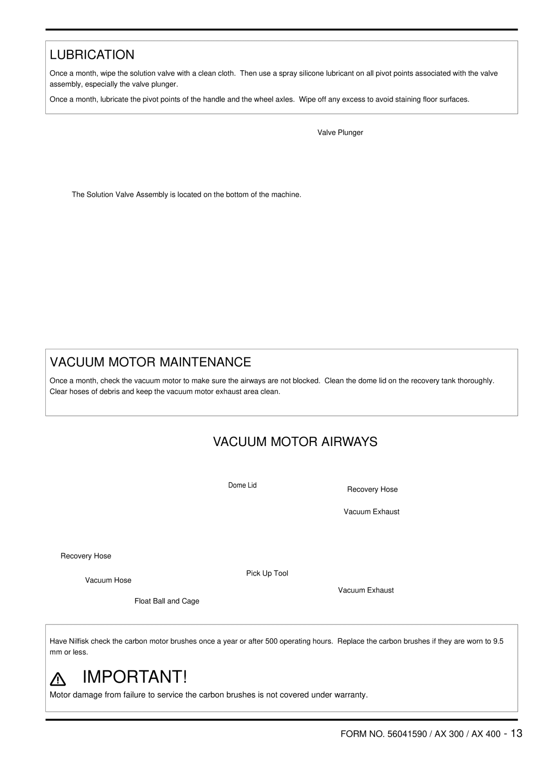 Nilfisk-Advance America 56262171, 56262213, 56264466, 56262170 Lubrication, Vacuum Motor Maintenance, Vacuum Motor Airways 