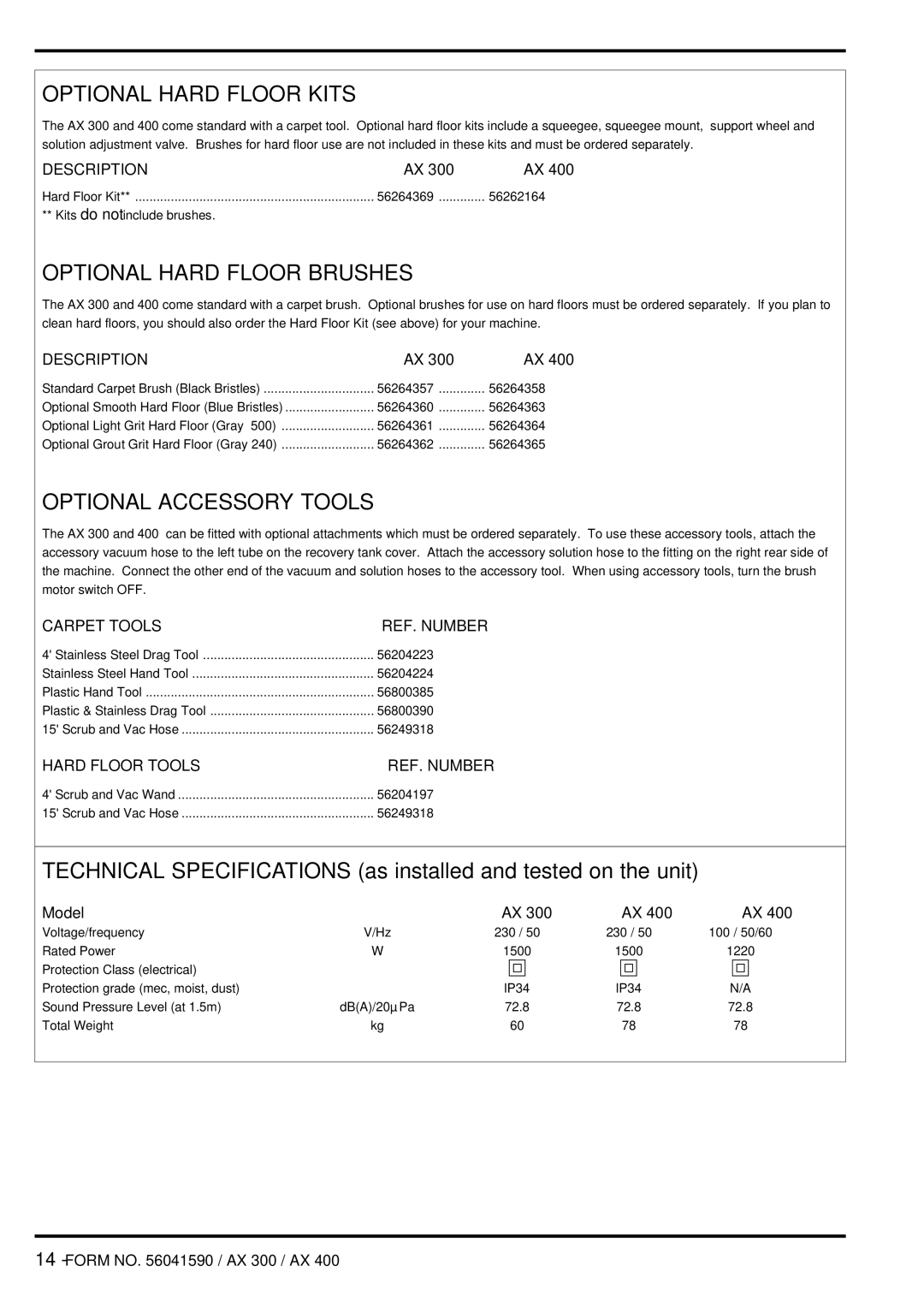 Nilfisk-Advance America 56262170, 56262213 Optional Hard Floor Kits, Optional Hard Floor Brushes, Optional Accessory Tools 