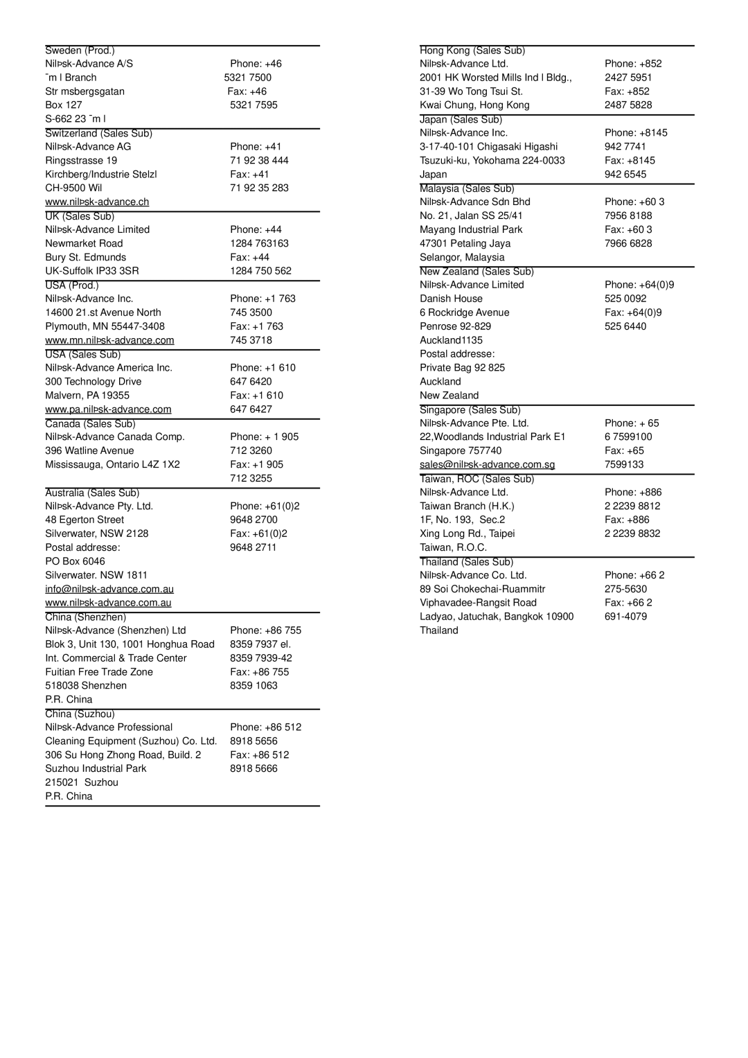 Nilfisk-Advance America 56264400 Sweden Prod, Switzerland Sales Sub, UK Sales Sub, USA Prod, USA Sales Sub, China Shenzhen 