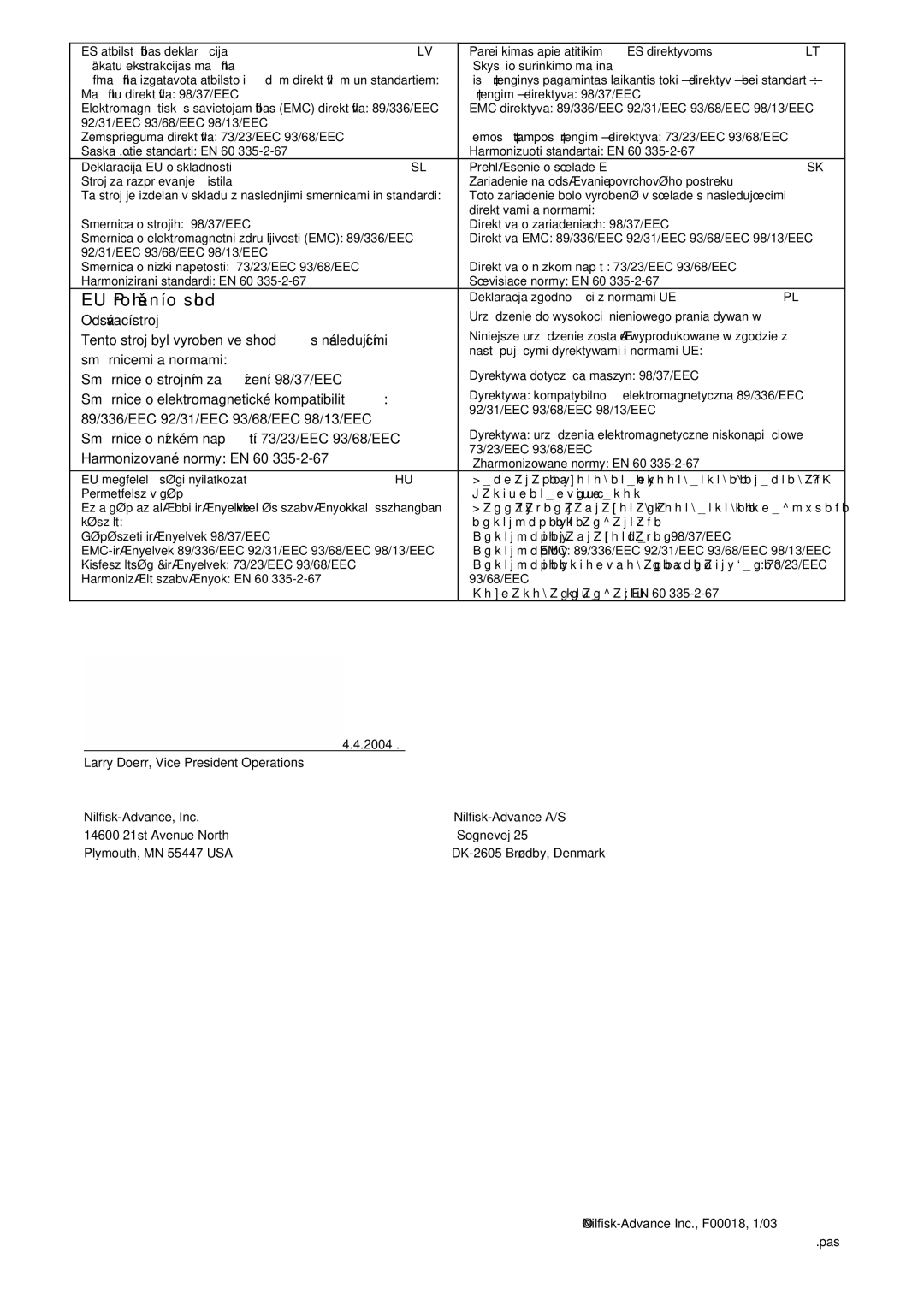 Nilfisk-Advance America 56262214 Deklaracija EU o skladnosti Prehlásenie o súlade EÚ, Deklaracja zgodności z normami UE 