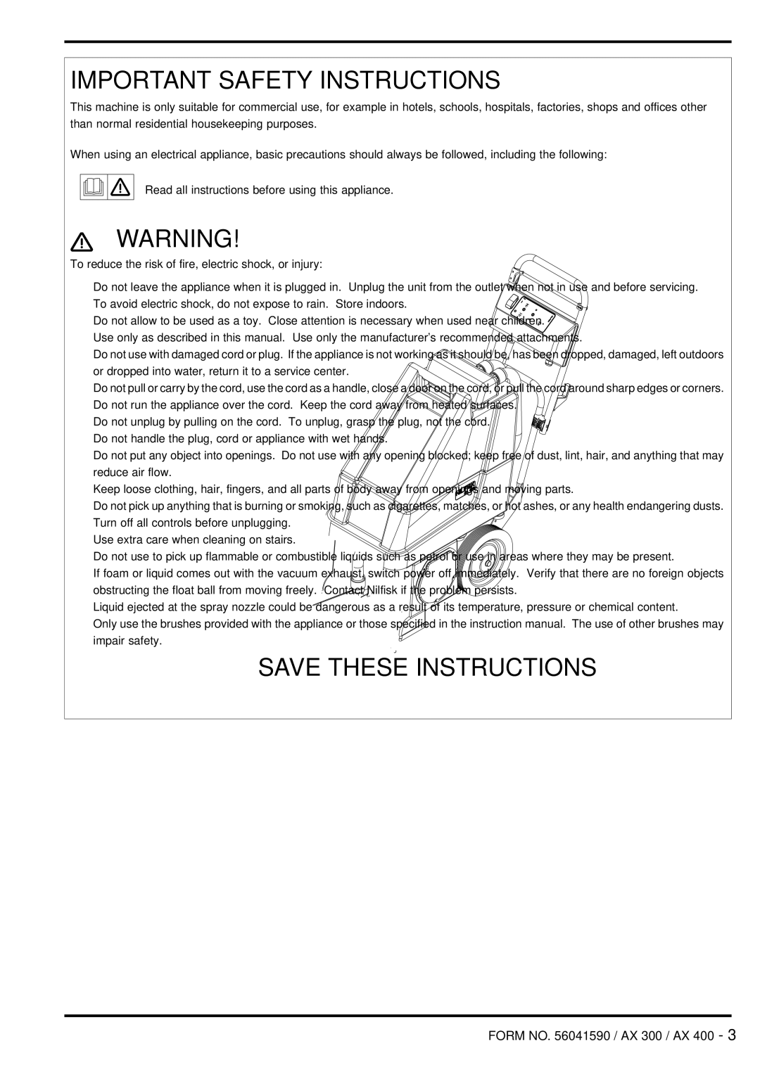 Nilfisk-Advance America 56262170, 56262213, 56264466, 56262171, 56262174, 56262054, 56264400 manual Important Safety Instructions 