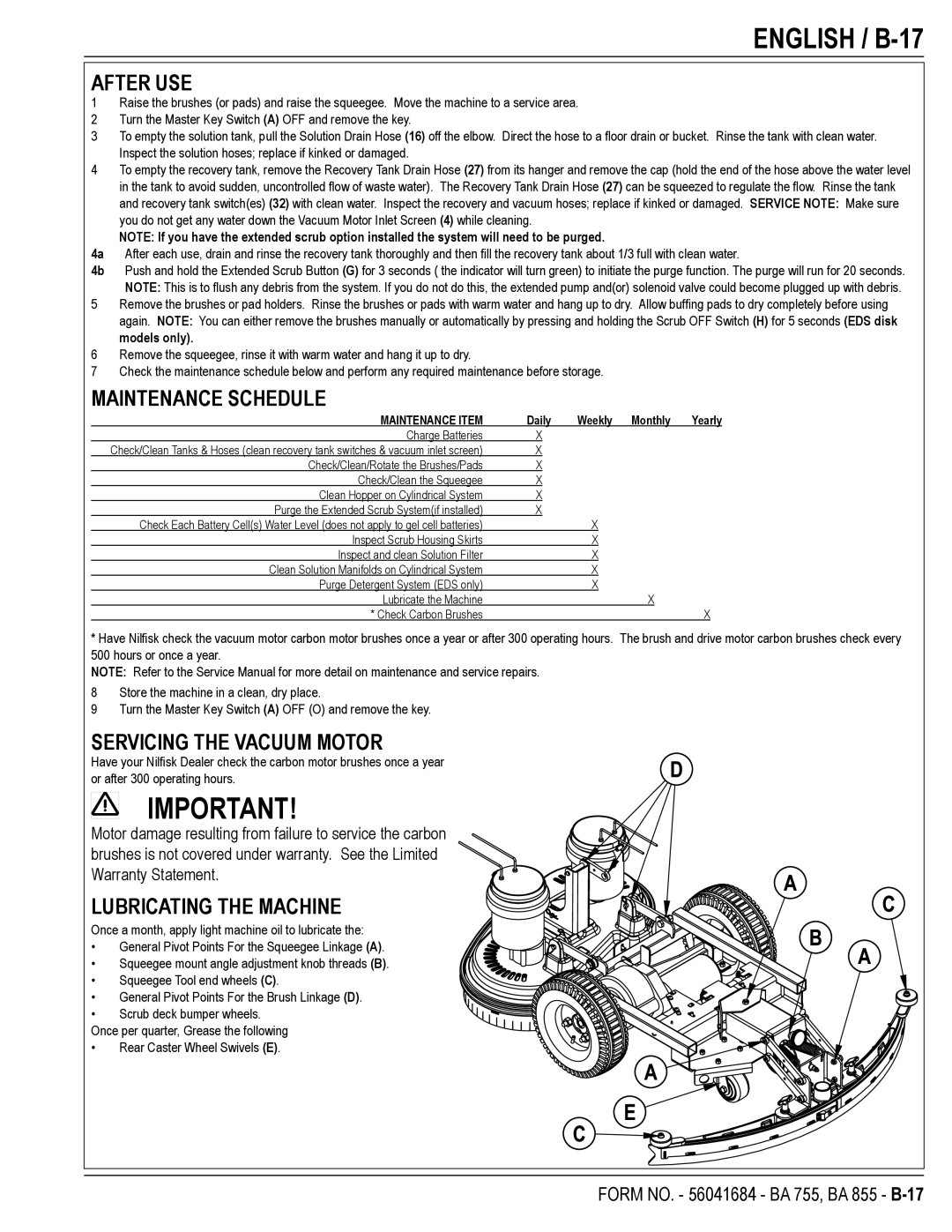 Nilfisk-Advance America 56315044(855) manual English / B-17, After USE, Maintenance Schedule, Servicing the Vacuum Motor 