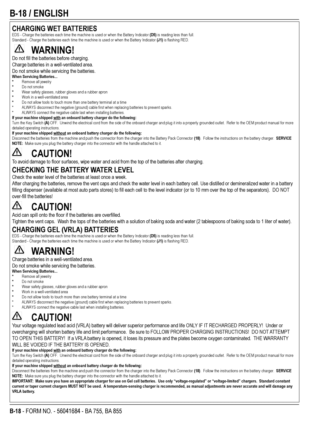 Nilfisk-Advance America 56315047(855 EDS) manual 18 / English, Charging WET Batteries, Checking the Battery Water Level 