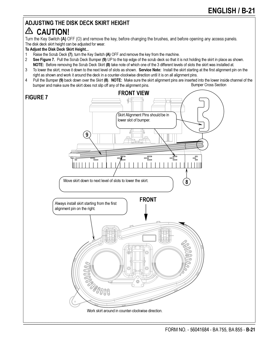 Nilfisk-Advance America 56315042(755), 56315046(755C EDS) English / B-21, Adjusting the Disk Deck Skirt Height, Front View 