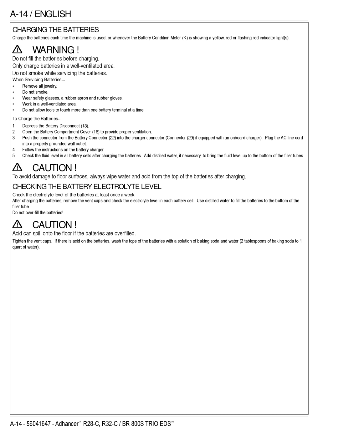 Nilfisk-Advance America 56316026 (R32-C) 14 / English, Charging the Batteries, Checking the Battery Electrolyte Level 