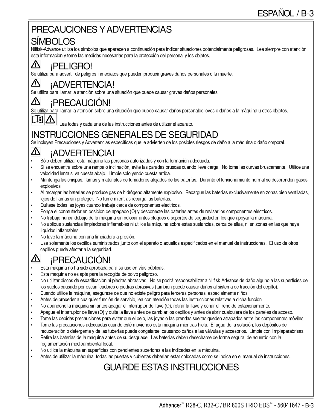 Nilfisk-Advance America 56316025 (R32-C), 56316026 (R32-C) manual Precauciones Y Advertencias Símbolos, Español / B-3 