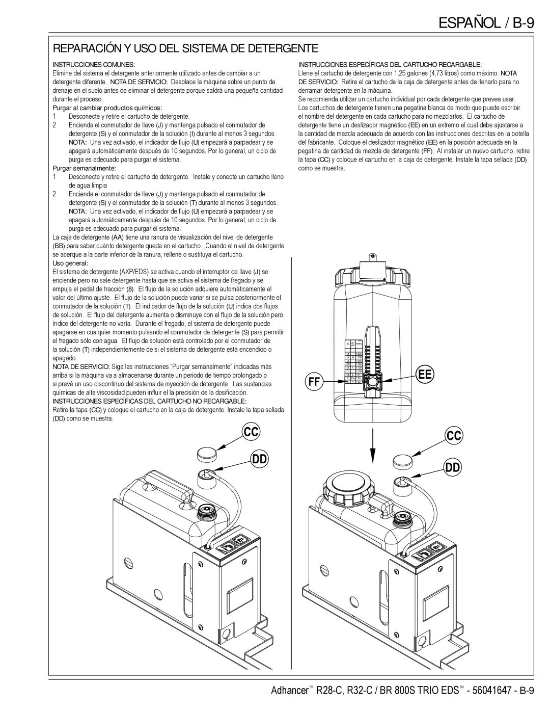 Nilfisk-Advance America 56316025 (R32-C), 56316026 (R32-C) manual Español / B-9, Reparación Y USO DEL Sistema DE Detergente 