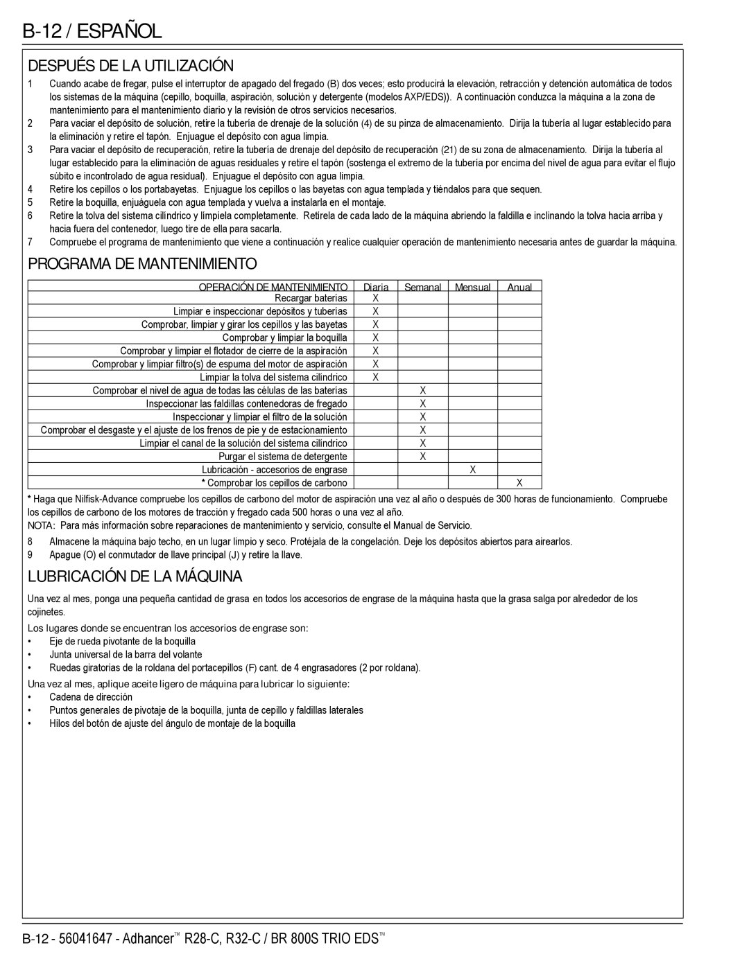 Nilfisk-Advance America 56316026 (R32-C) manual 12 / Español, Después DE LA Utilización, Programa DE Mantenimiento 