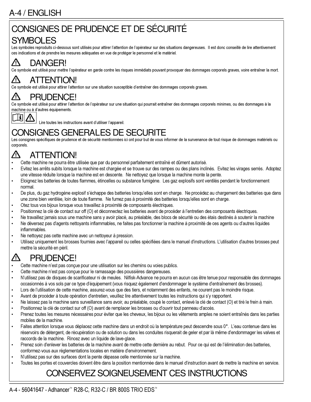 Nilfisk-Advance America 56316026 (R32-C), 56316025 (R32-C) manual Consignes DE Prudence ET DE Sécurité Symboles 