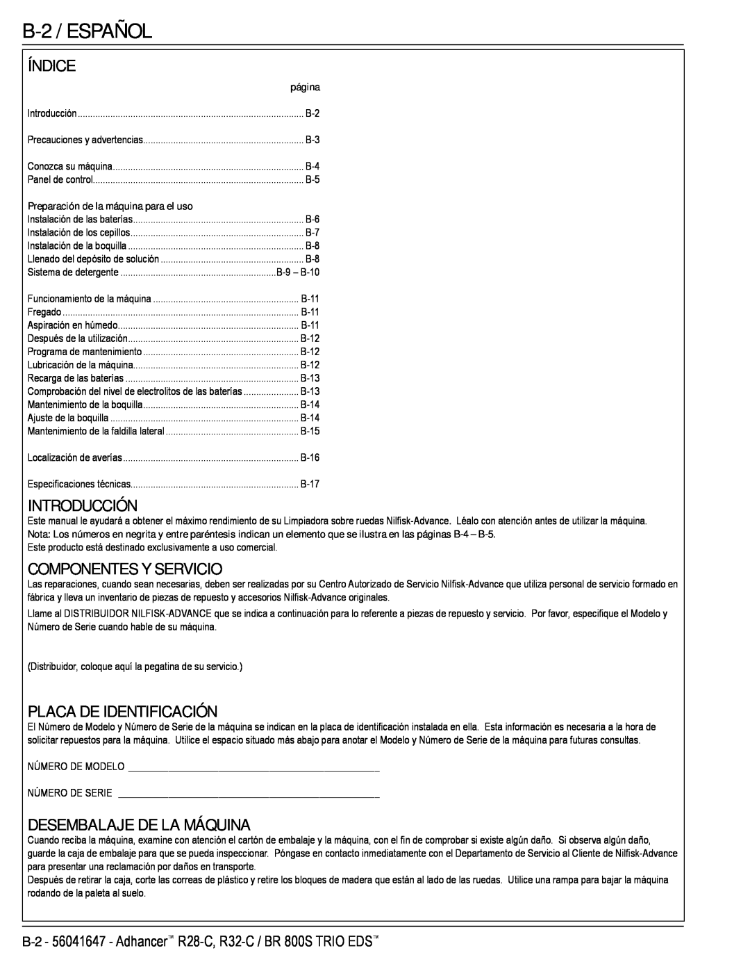 Nilfisk-Advance America 56316026 (R32-C) manual B-2 /ESPAÑOL, Índice, Introducción, Componentes Y Servicio, página 