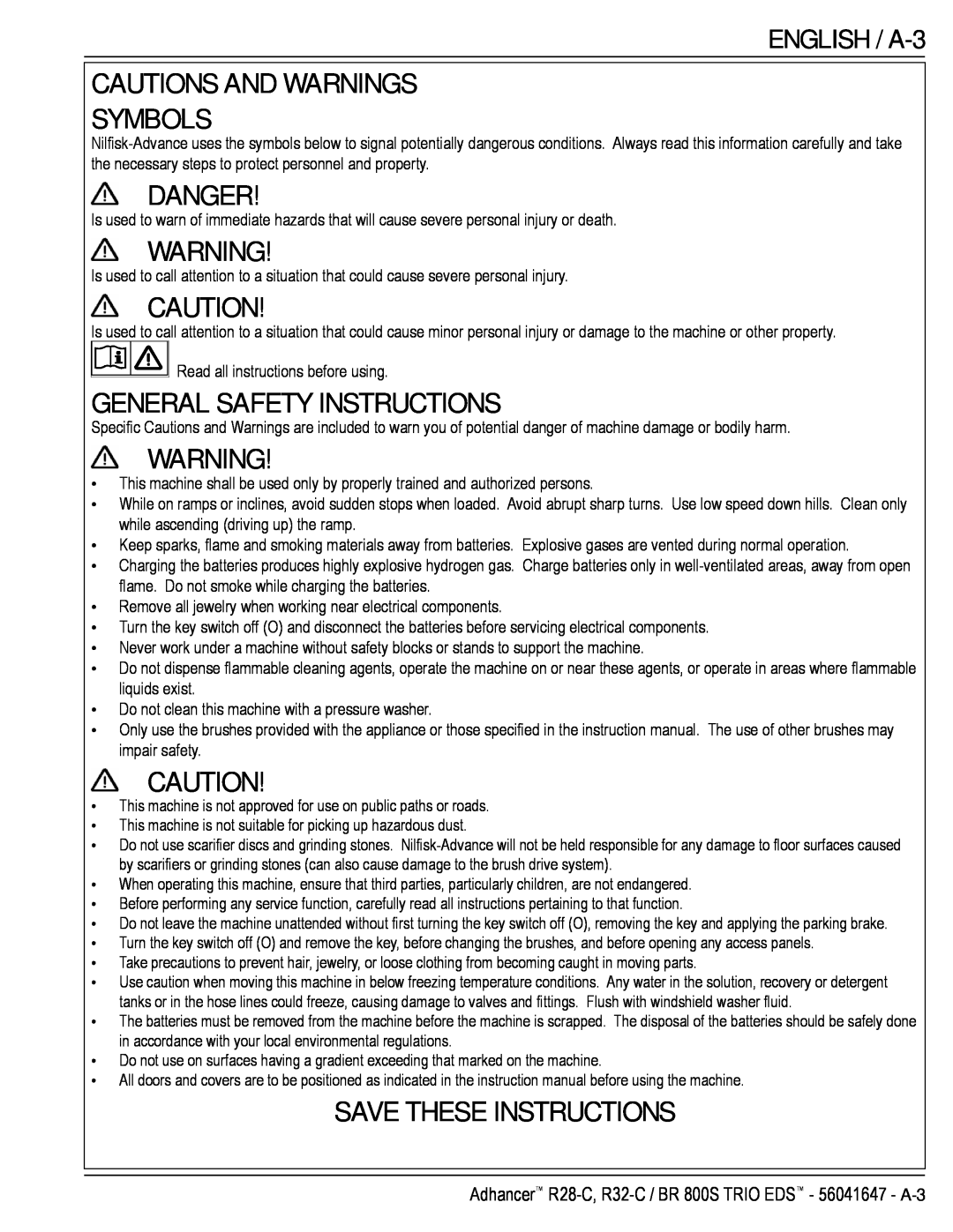 Nilfisk-Advance America 56316025 (R32-C) Cautions And Warnings Symbols, Danger, General Safety Instructions, ENGLISH / A-3 