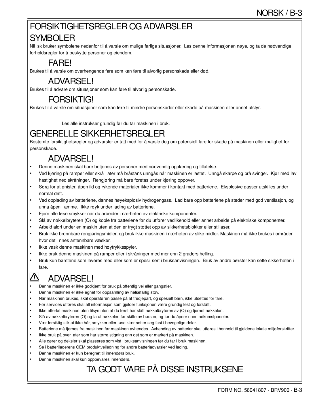 Nilfisk-Advance America 56602002 manual Forsiktighetsregler OG Advarsler Symboler, Norsk / B-3 