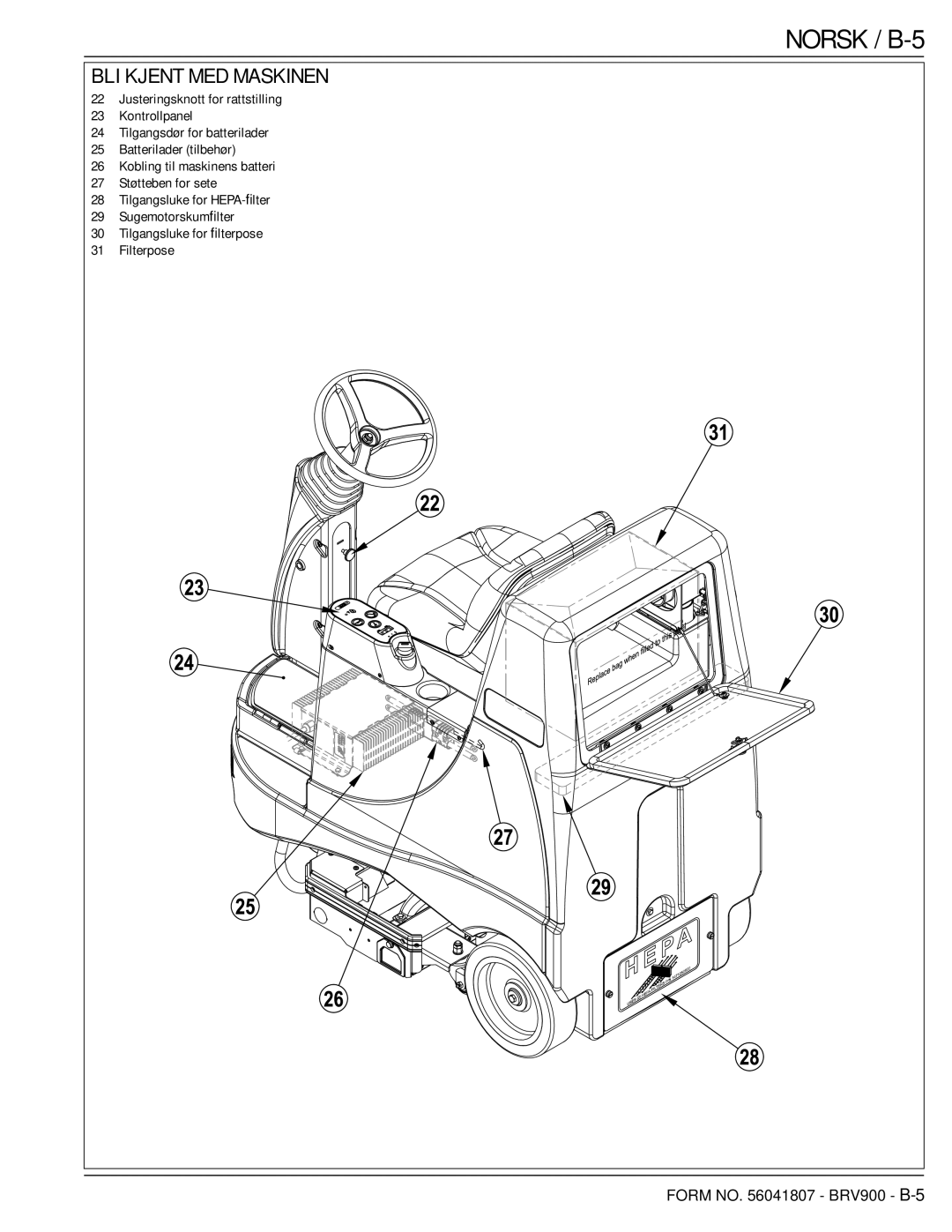 Nilfisk-Advance America 56602002 manual Norsk / B-5 