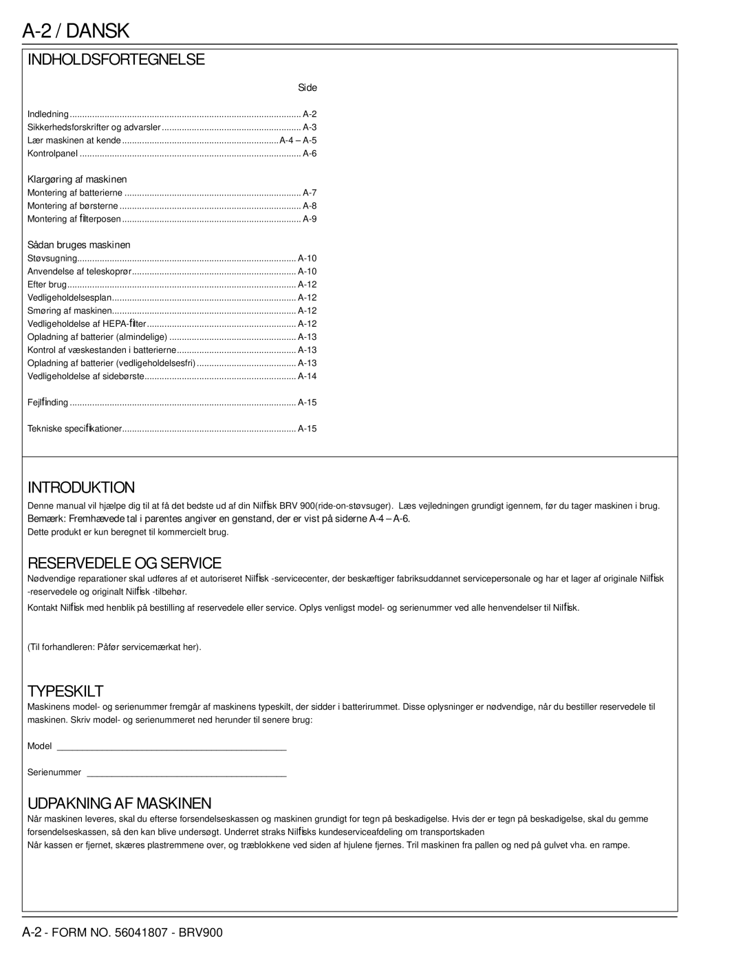 Nilfisk-Advance America 56602002 manual Dansk 