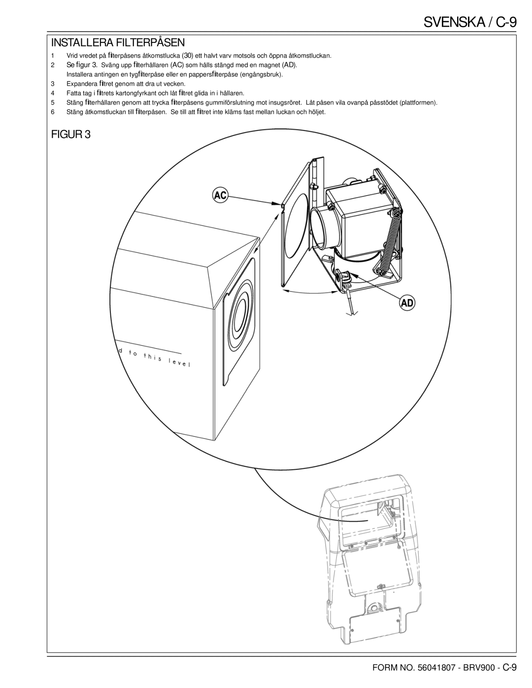 Nilfisk-Advance America 56602002 manual Svenska / C-9, Installera Filterpåsen 