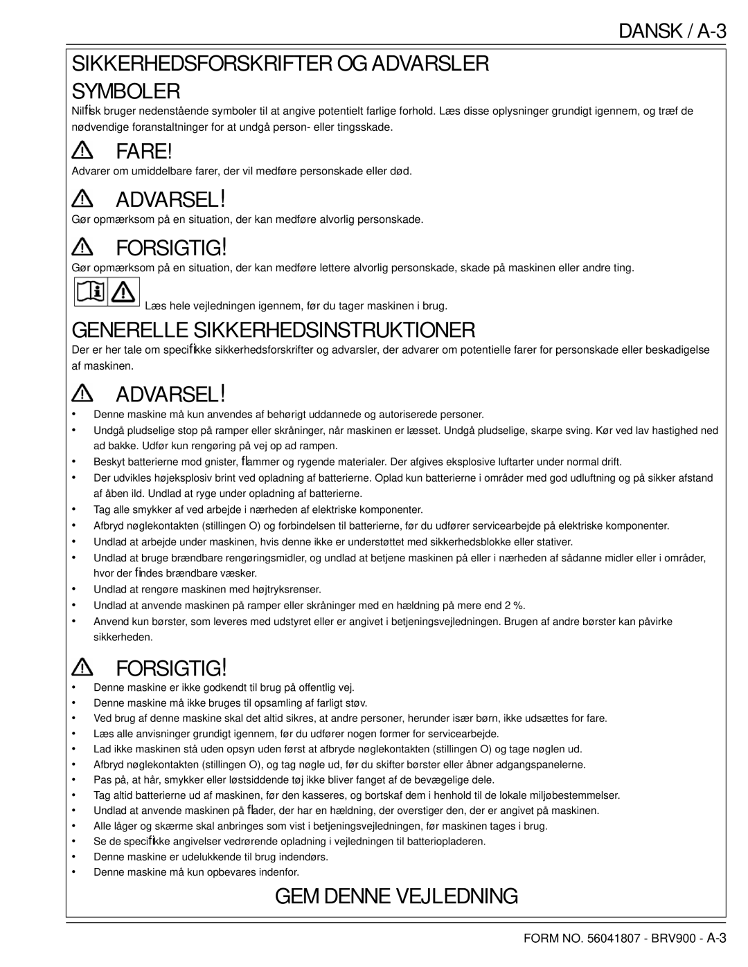 Nilfisk-Advance America 56602002 manual Sikkerhedsforskrifter OG Advarsler Symboler, Dansk / A-3 