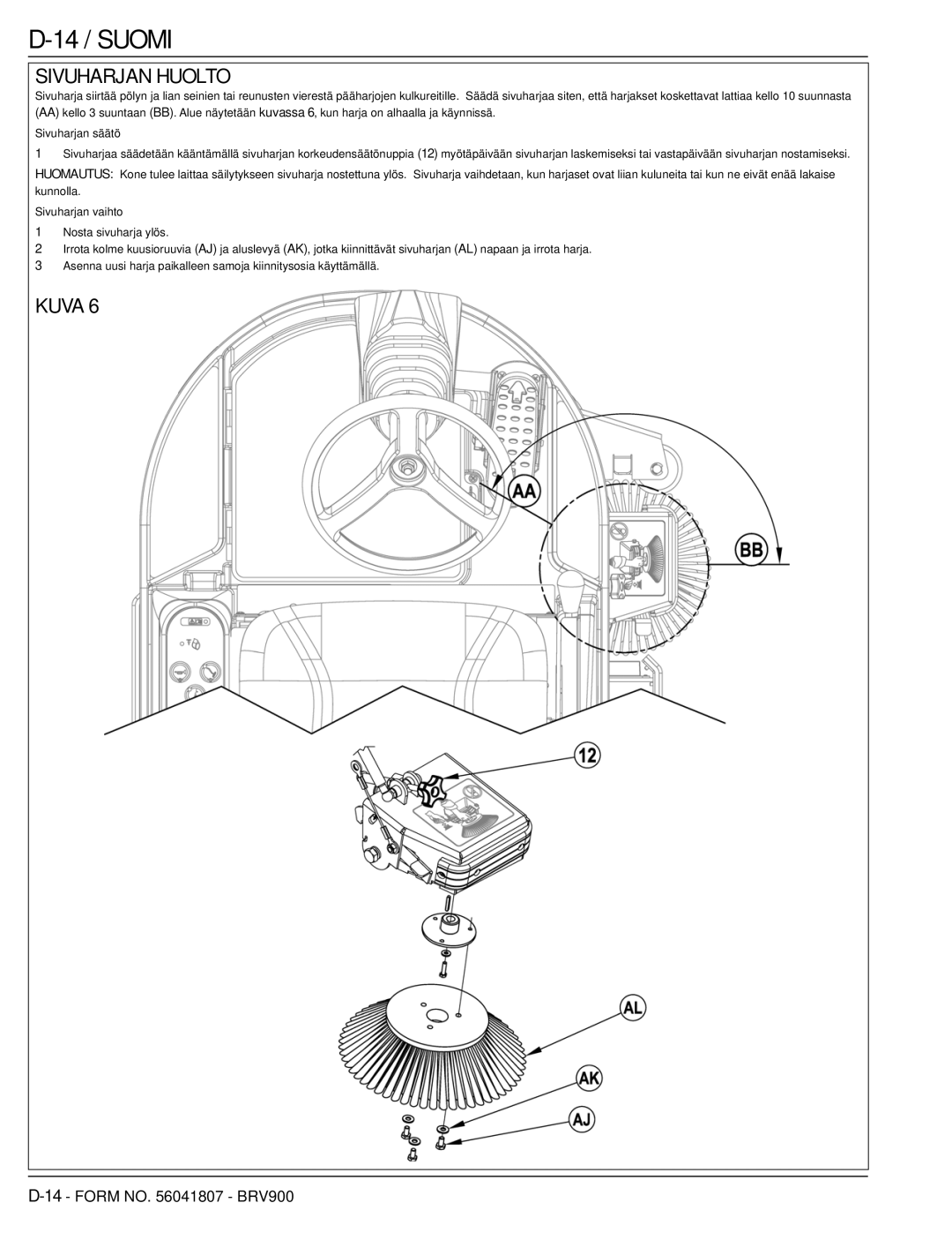 Nilfisk-Advance America 56602002 manual 14 / Suomi, Sivuharjan Huolto 