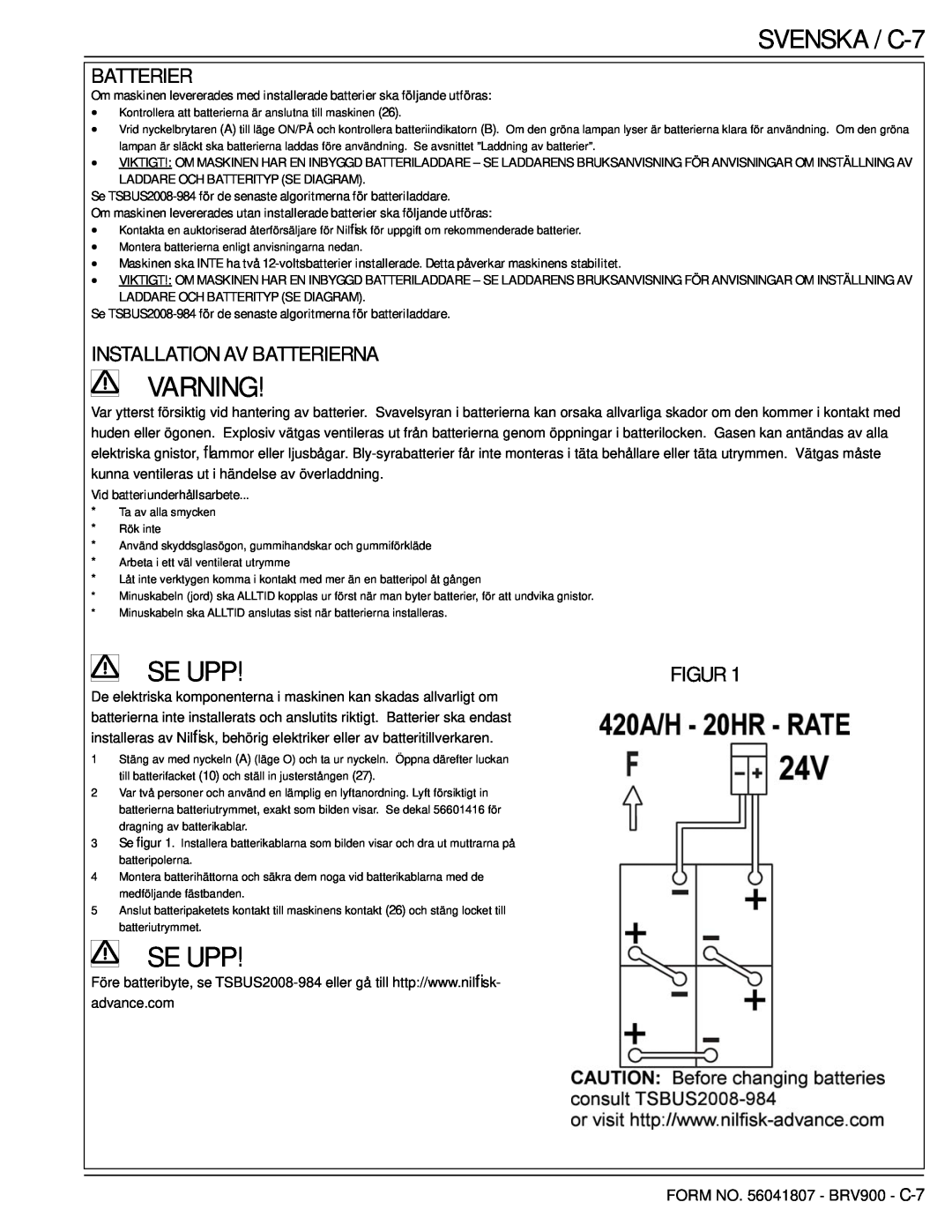 Nilfisk-Advance America 56602002 manual SVENSKA / C-7, Installation Av Batterierna, Varning, Se Upp, Figur 