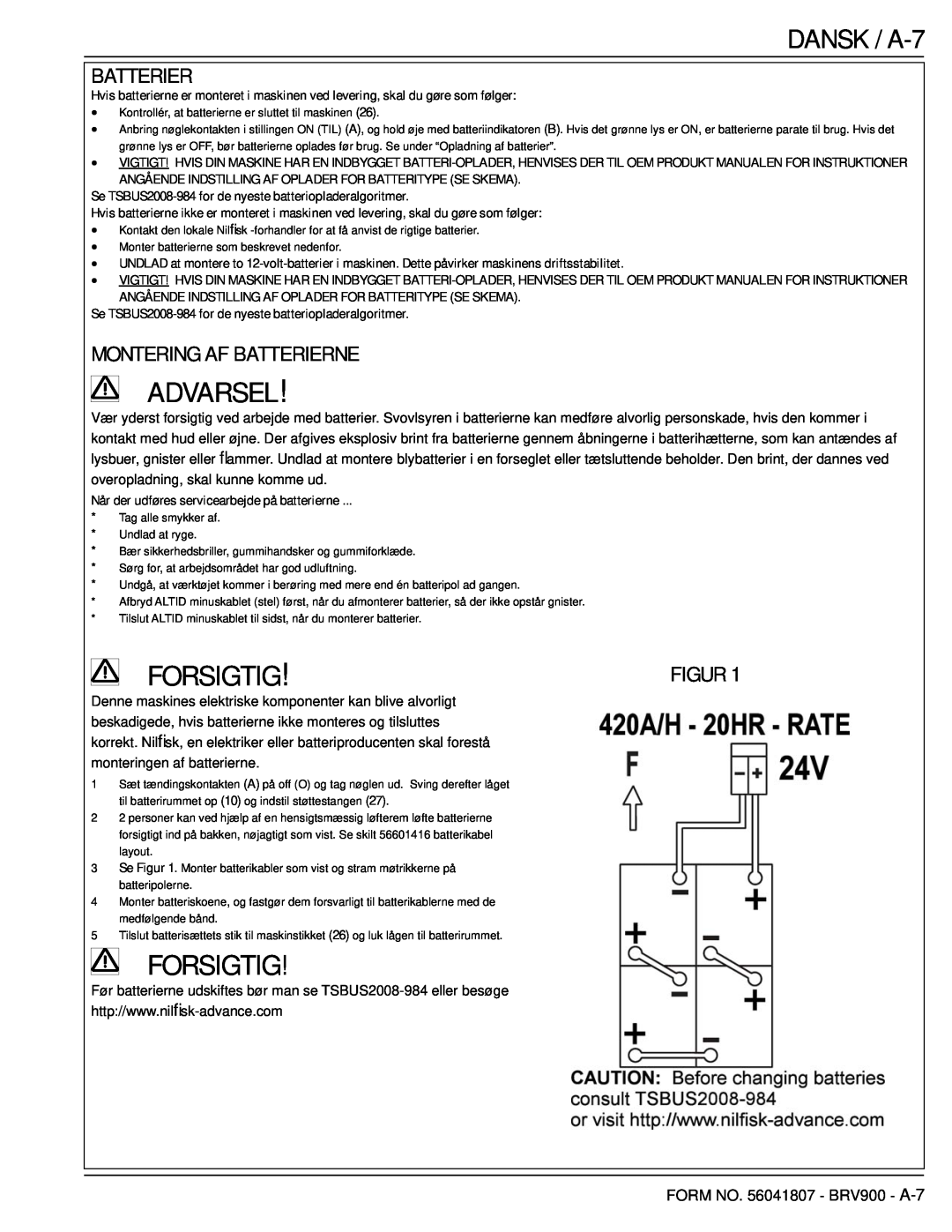 Nilfisk-Advance America 56602002 manual DANSK / A-7, Montering Af Batterierne, Figur, Advarsel, Forsigtig 