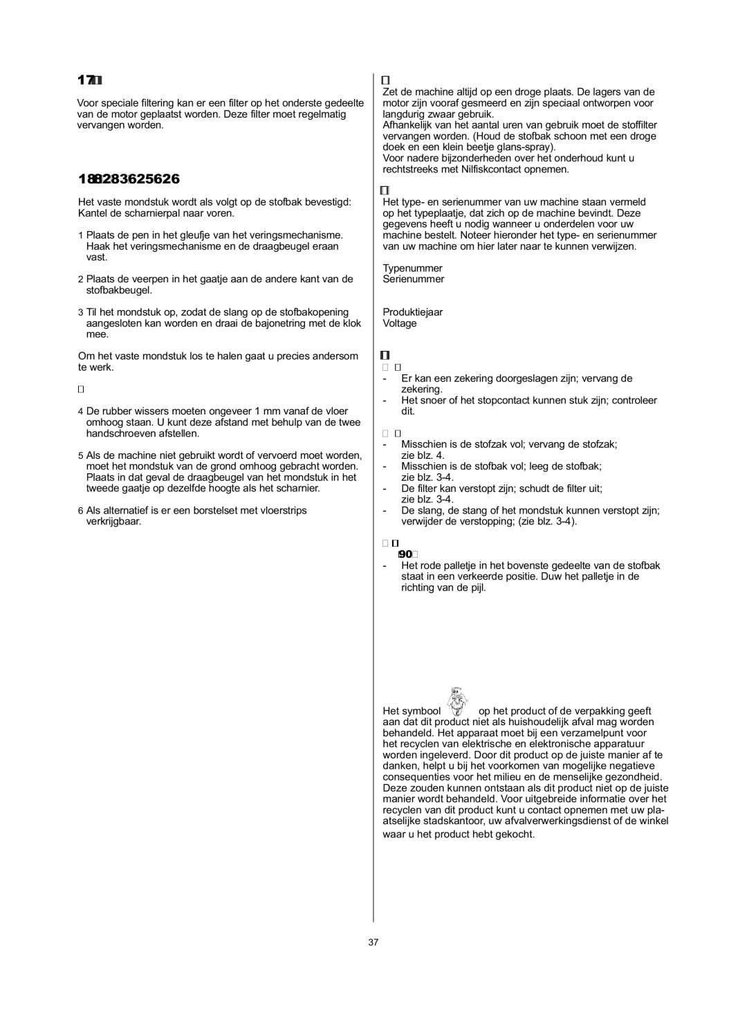 Nilfisk-Advance America 80P, 90C manual Motorbeveiligingsfilter, Vast mondstuk, 82/83/625/626, Onderhoud, Typeplaatje 