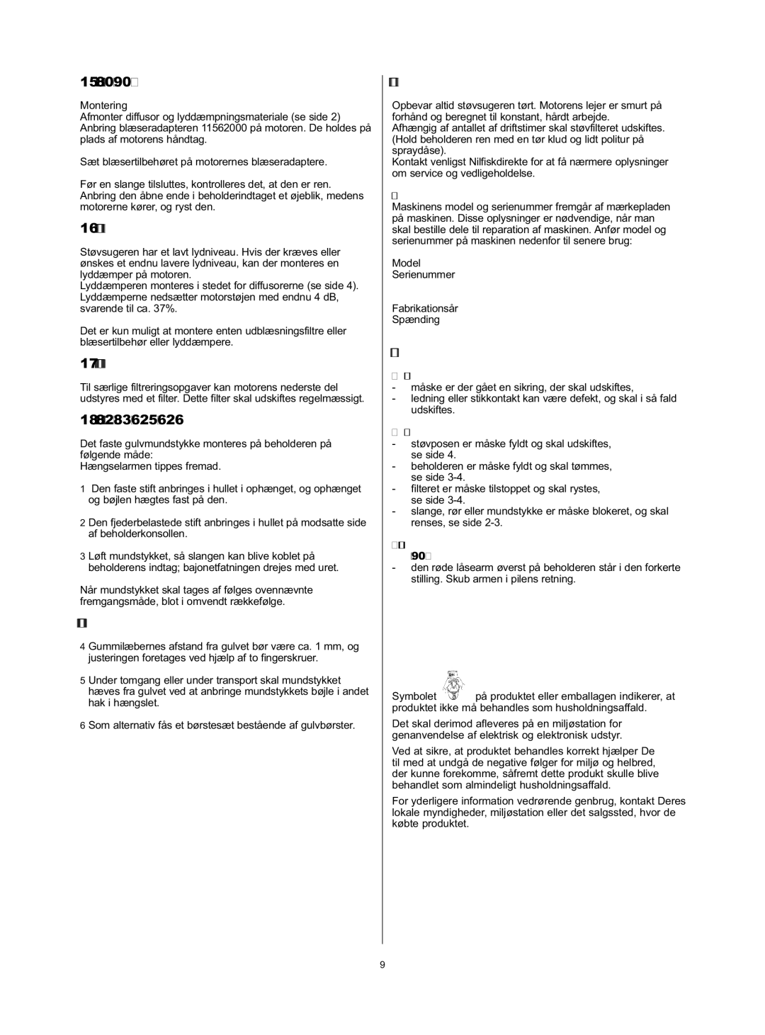 Nilfisk-Advance America 625 15 Blæsertilbehør kun 80P/90C, Lyddæmper alle modeller, Motorbeskyttelsesfilter, Fejlfinding 