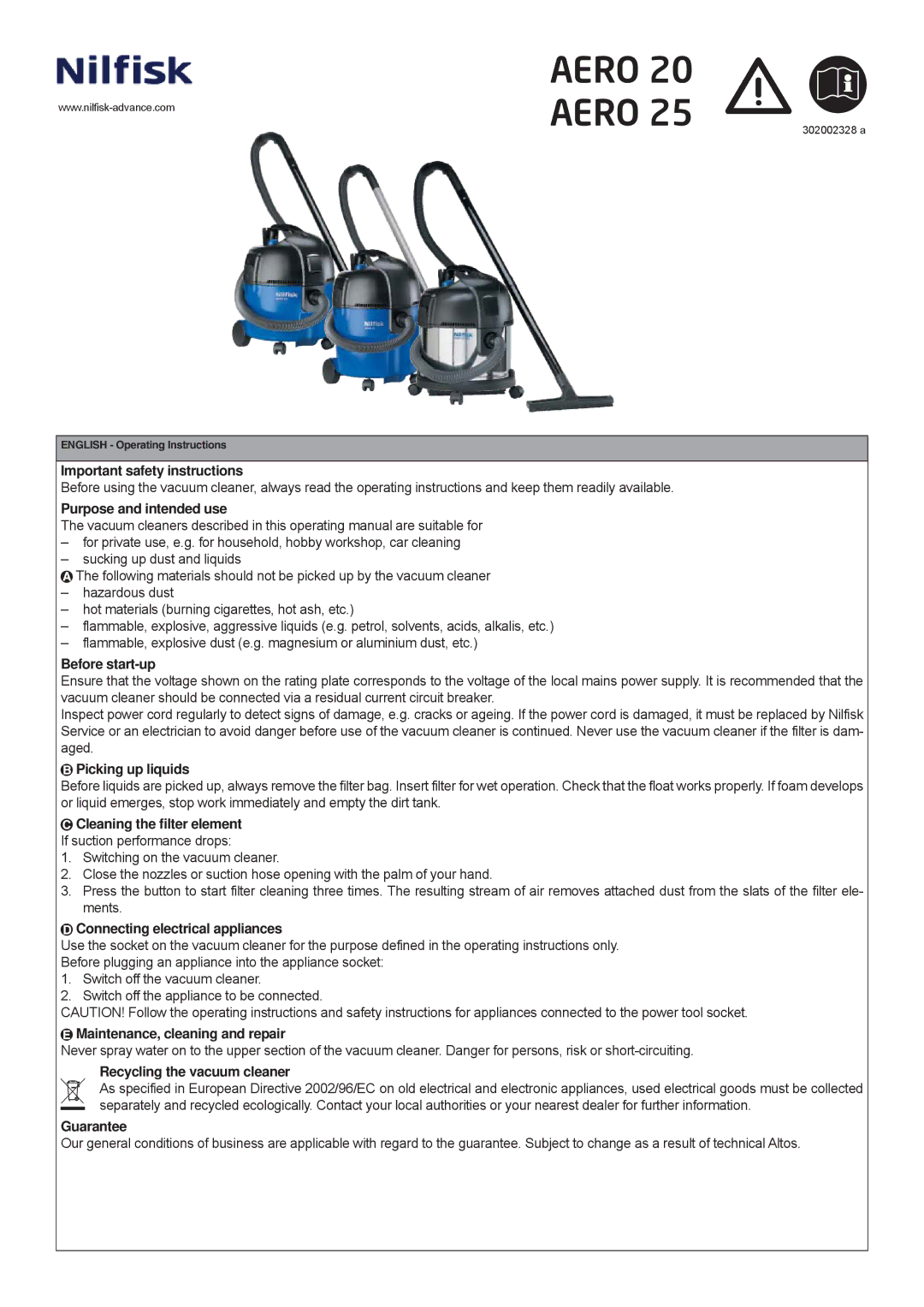 Nilfisk-Advance America AERO 25, AERO 20 important safety instructions Aero 