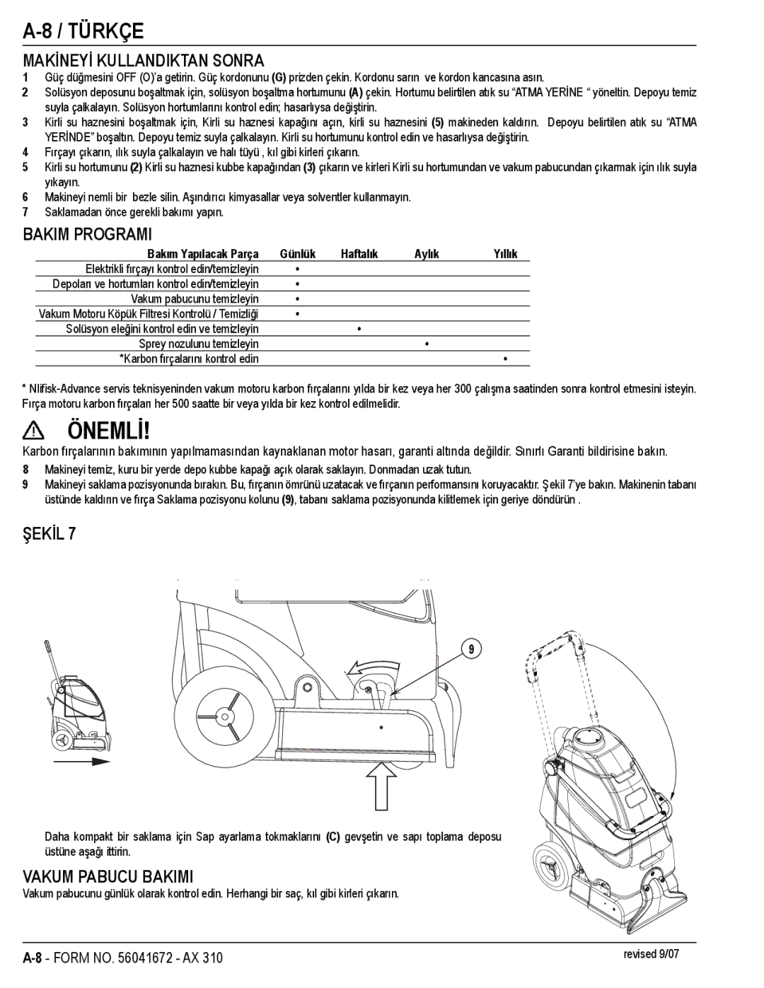 Nilfisk-Advance America AX 310 manual Önemlİ, Makİneyİ Kullandiktan Sonra, Bakim Programi, Vakum Pabucu Bakimi 