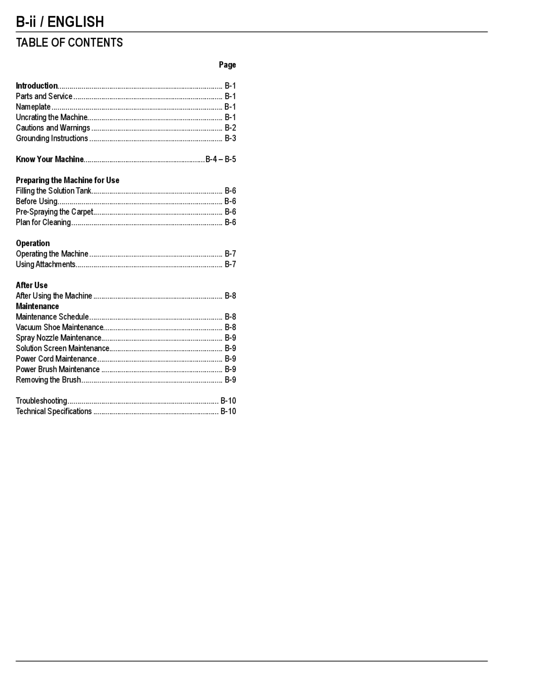 Nilfisk-Advance America AX 310 manual Ii / English, Table of Contents 